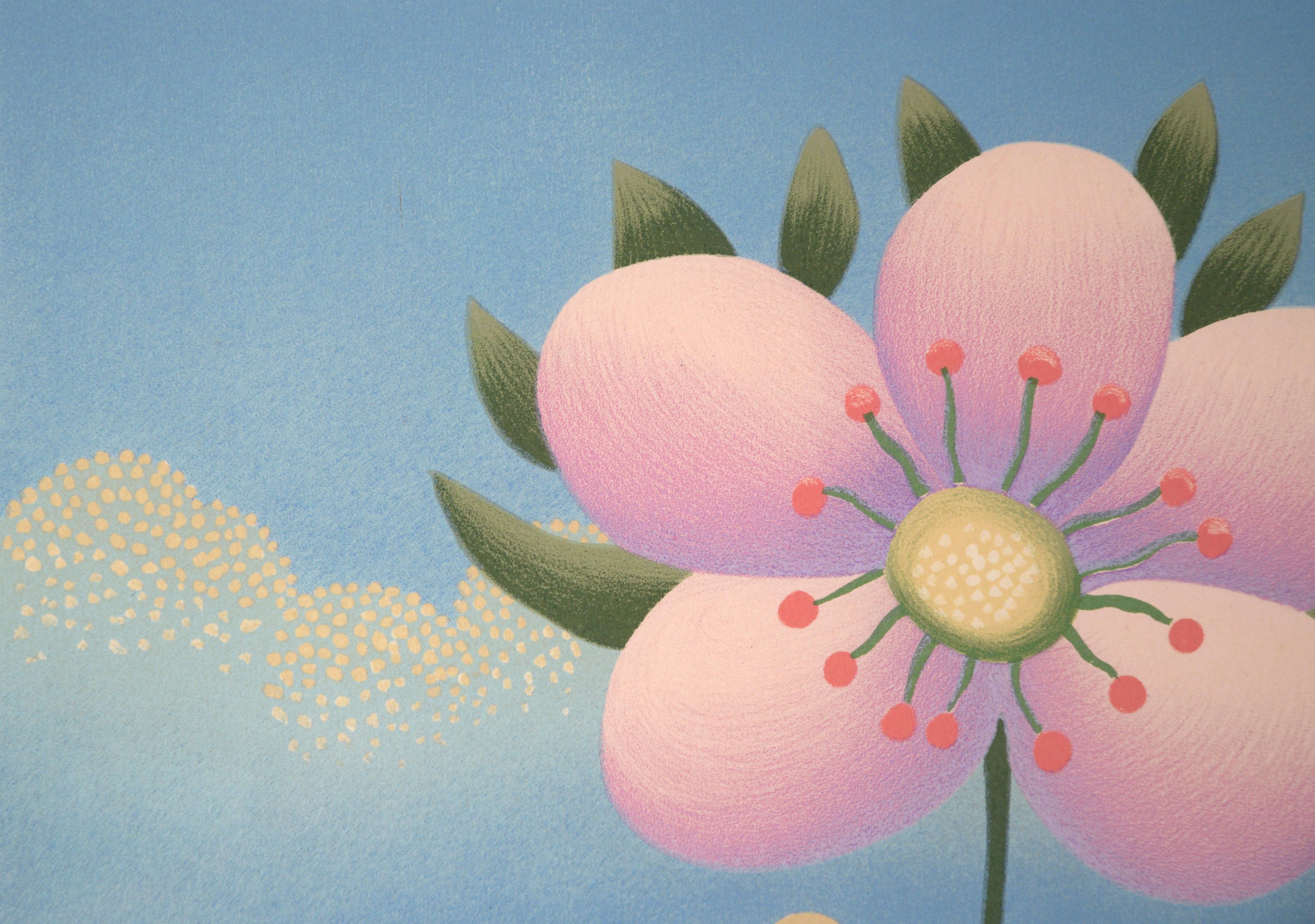 Pink Flowers - Limited Edition Naive Serigraph For Sale 1