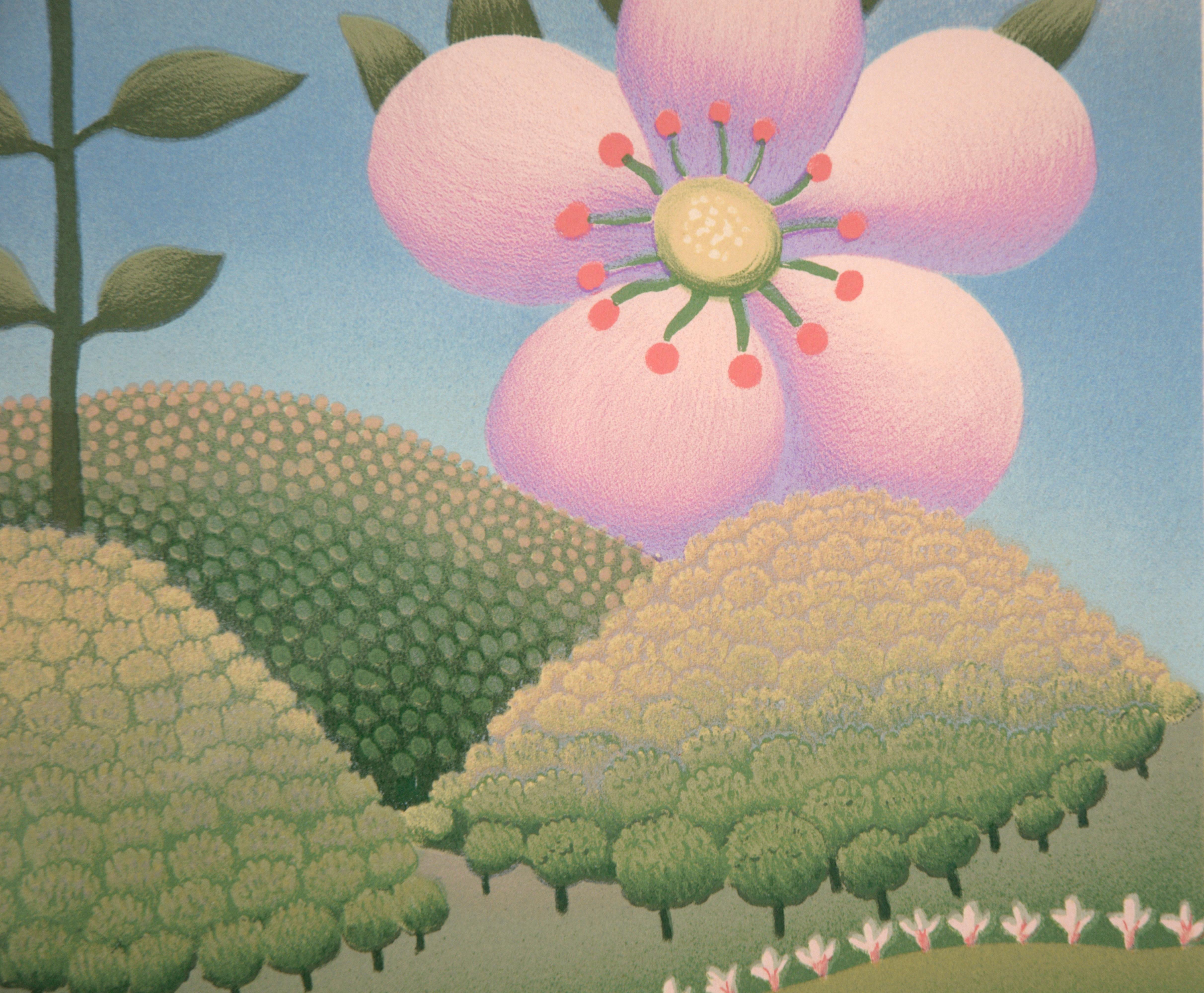 Pink Flowers - Limited Edition Naive Serigraph For Sale 2
