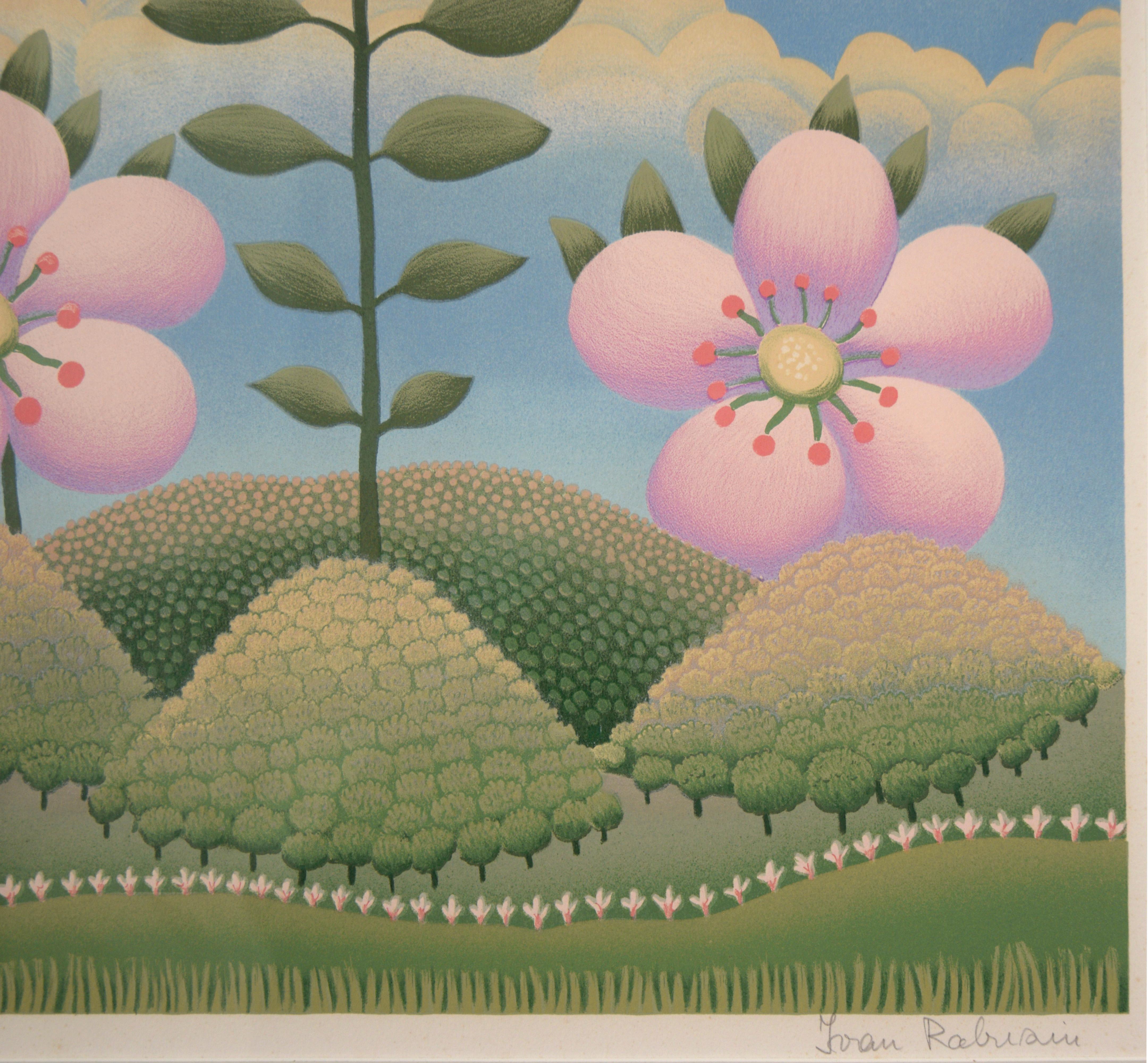 Pink Flowers - Limited Edition Naive Serigraph For Sale 4