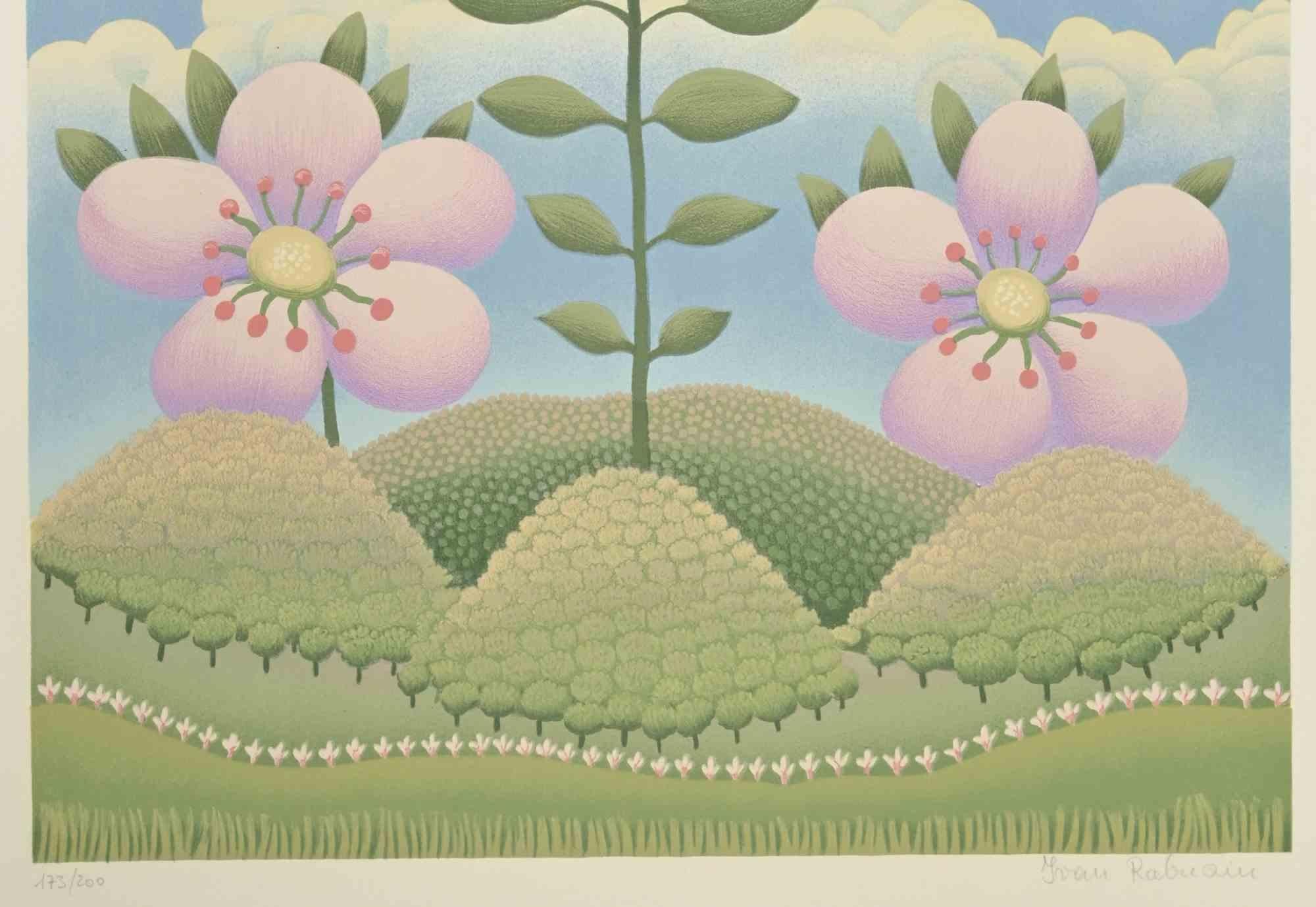 Pink Flowers - Lithograph by Ivan Rabuzin - 1980s For Sale 1