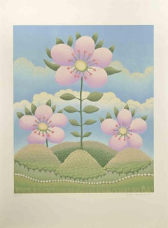 Fleurs roses - Lithographie d'Ivan Rabuzin - 1980