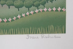 «Flores rosas en las colinas» (6), serigrafía de arte popular floral firmada por Iván Rabuzin