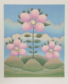 «Flores rosas en las colinas» (6), serigrafía de arte popular floral firmada por Iván Rabuzin