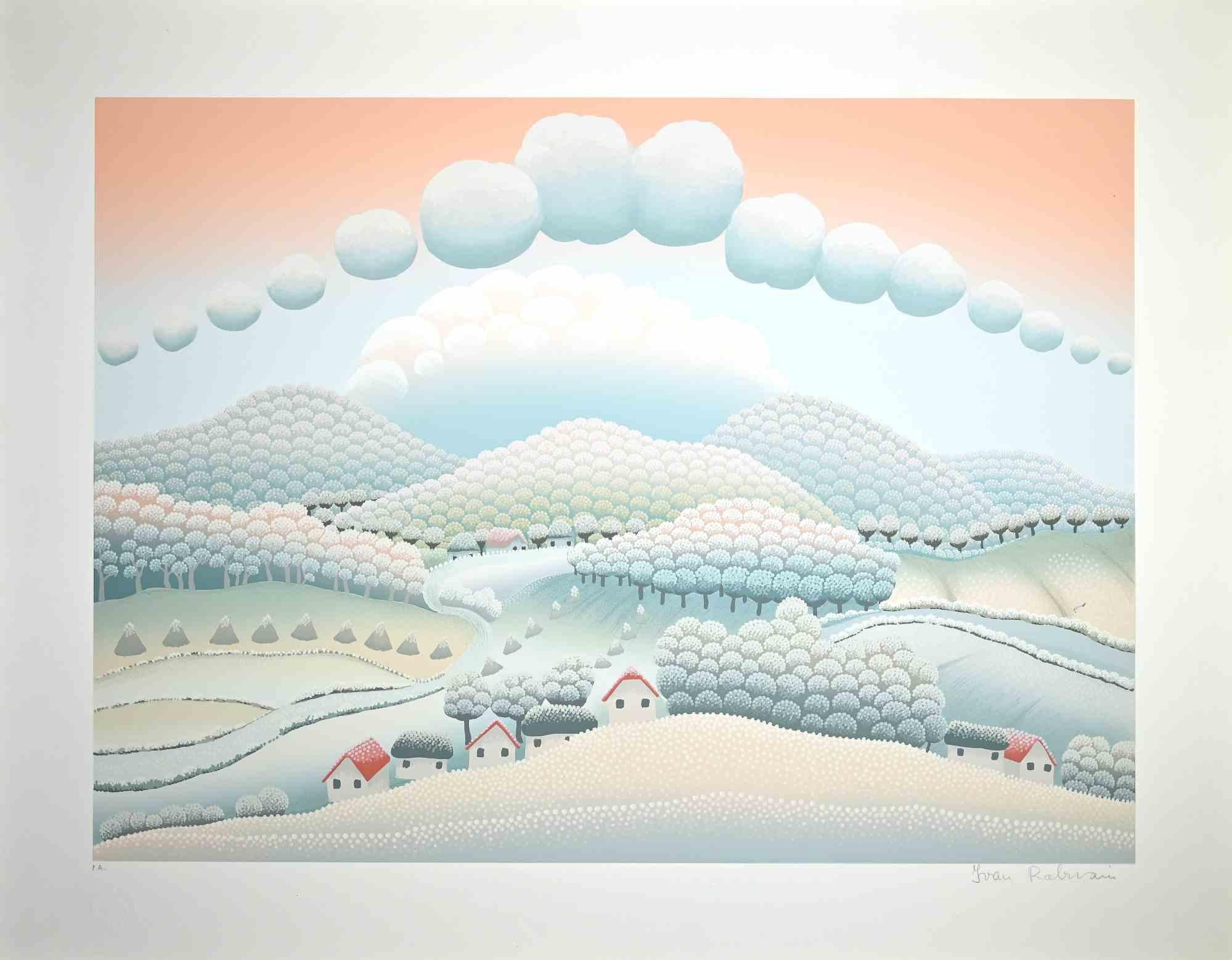 Snowy Landscape is an original colored screen print on paper realized by Ivan Rabuzin in the 1990s.

Hand-signed in pencil on the lower margin. Artist proof. 

Excellent conditions. 

This very fine print, representing a snowy landscape rising among