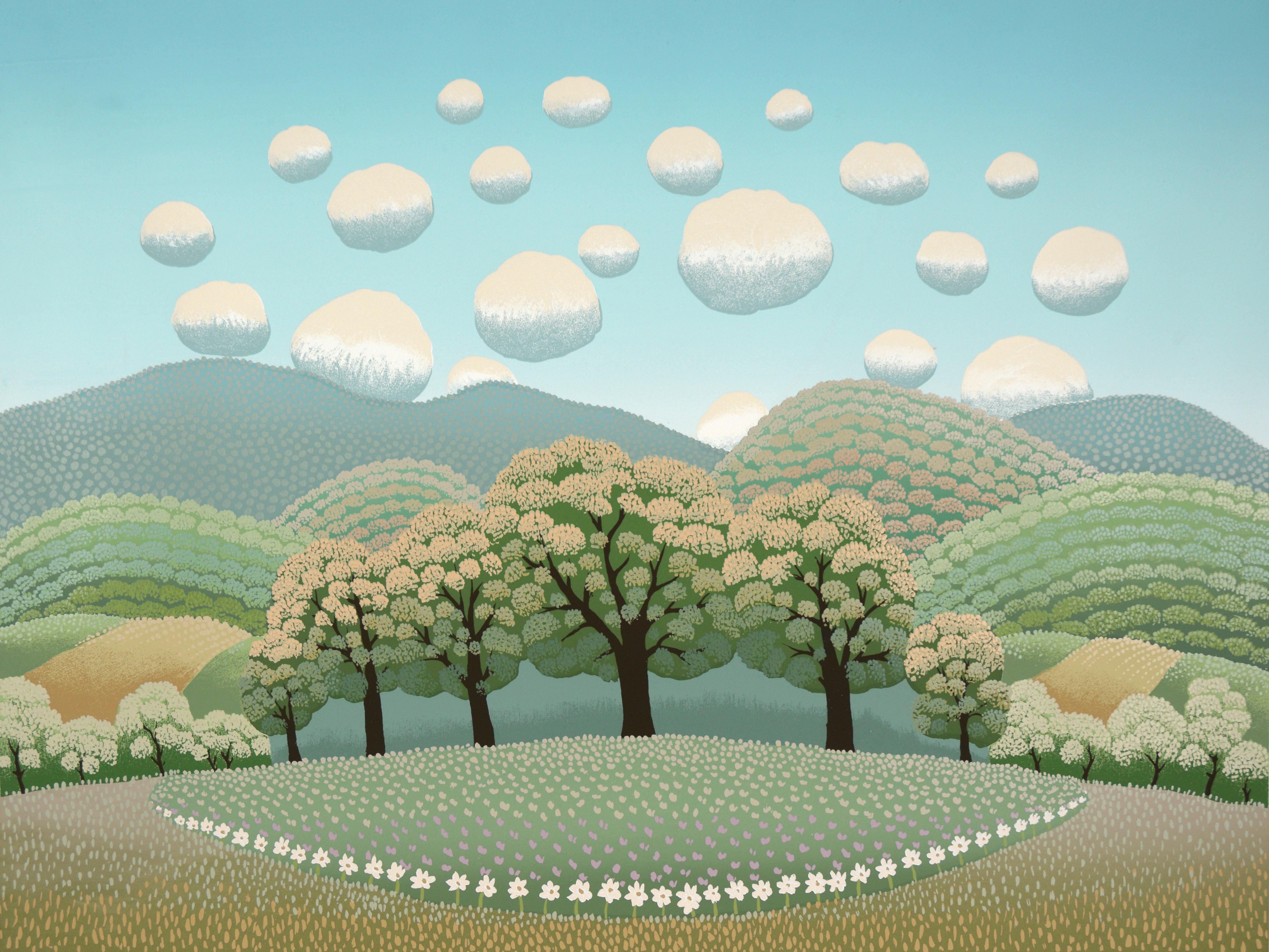 Paesaggio di primavera con nuvole rotonde - Serigrafia naif in edizione limitata - Print di Ivan Rabuzin