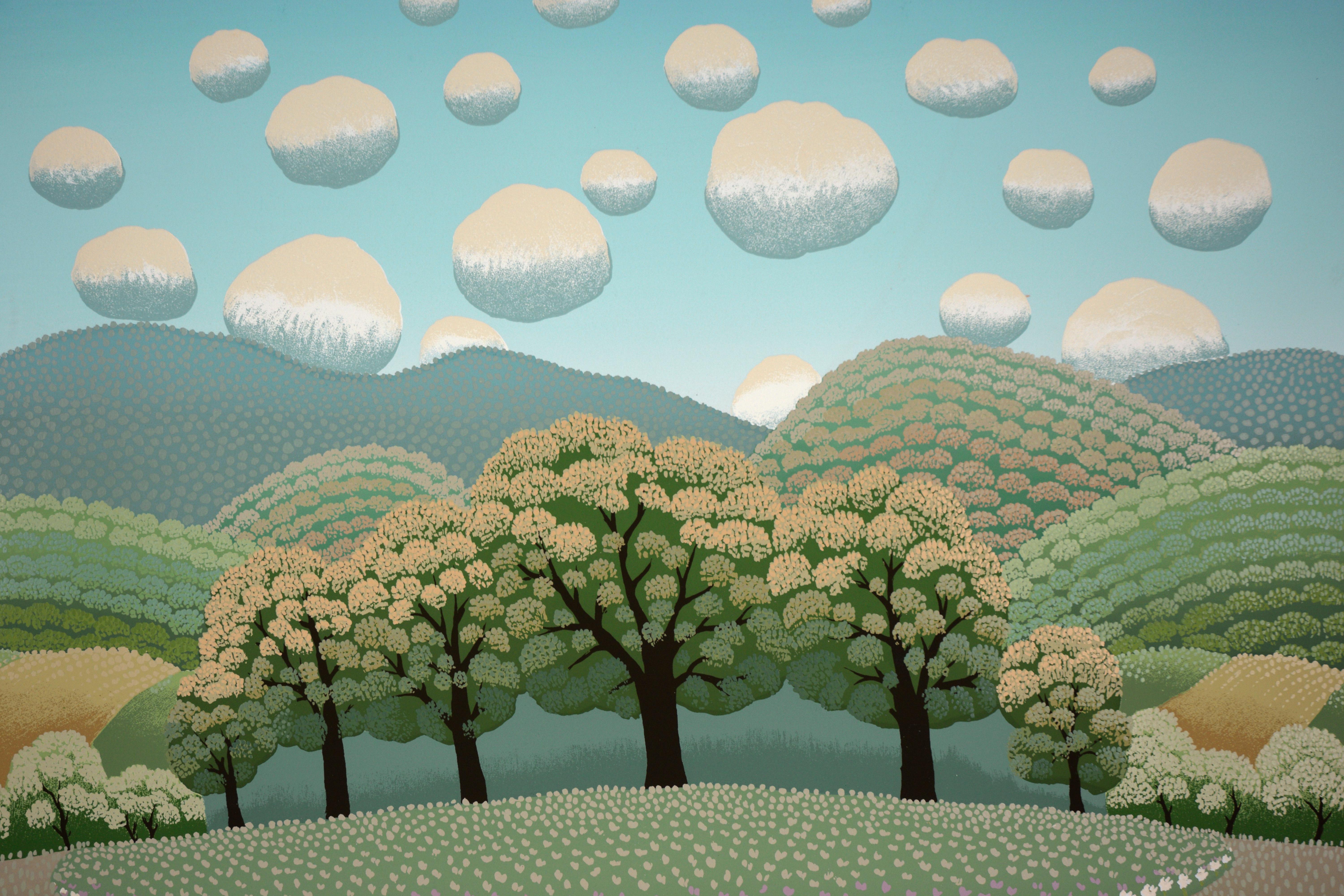 Paesaggio di primavera con nuvole rotonde - Serigrafia naif in edizione limitata - Print Arte popolare di Ivan Rabuzin