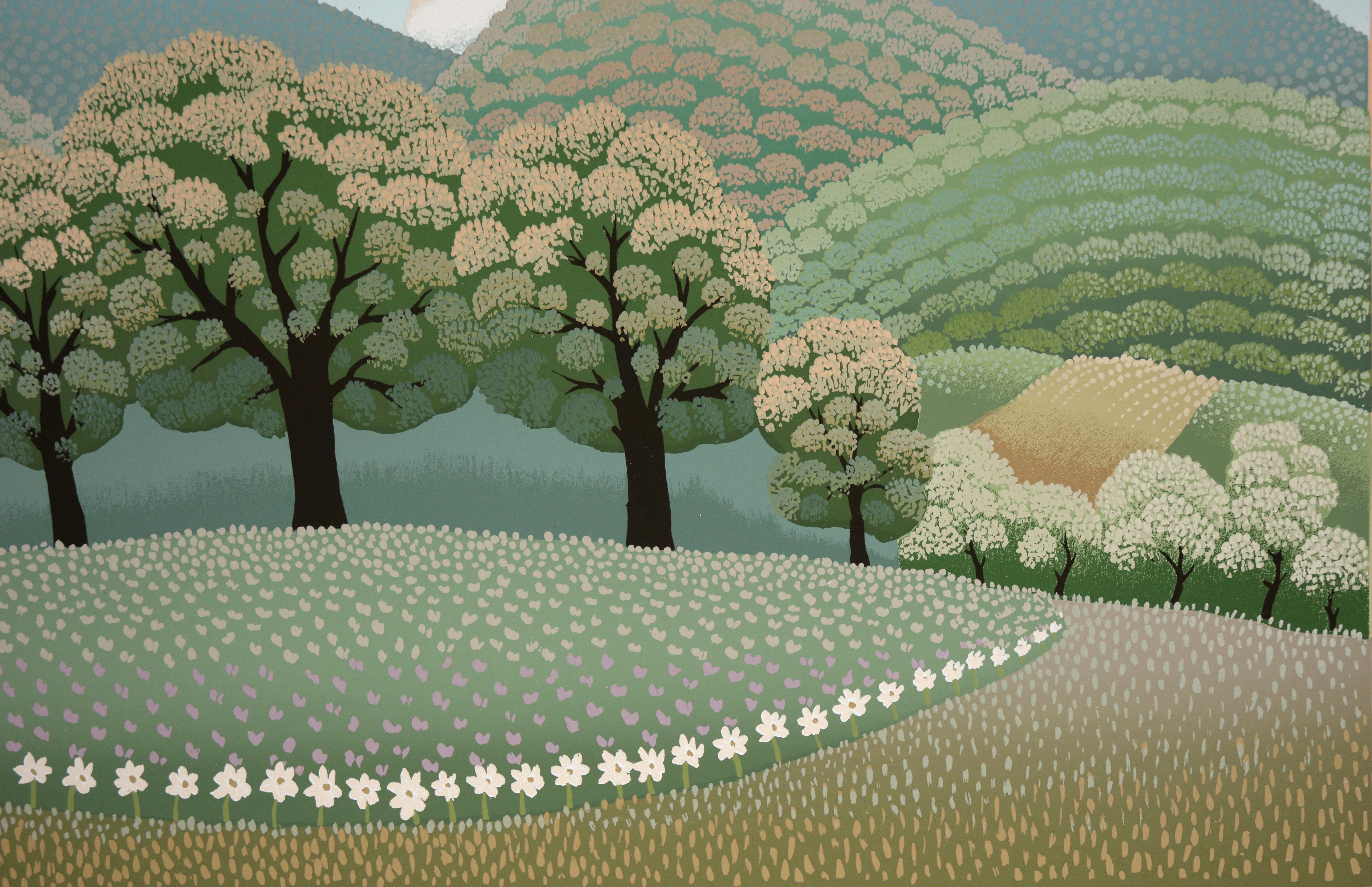 Paesaggio di primavera con nuvole rotonde - Serigrafia naif in edizione limitata - Print Grigio di Ivan Rabuzin