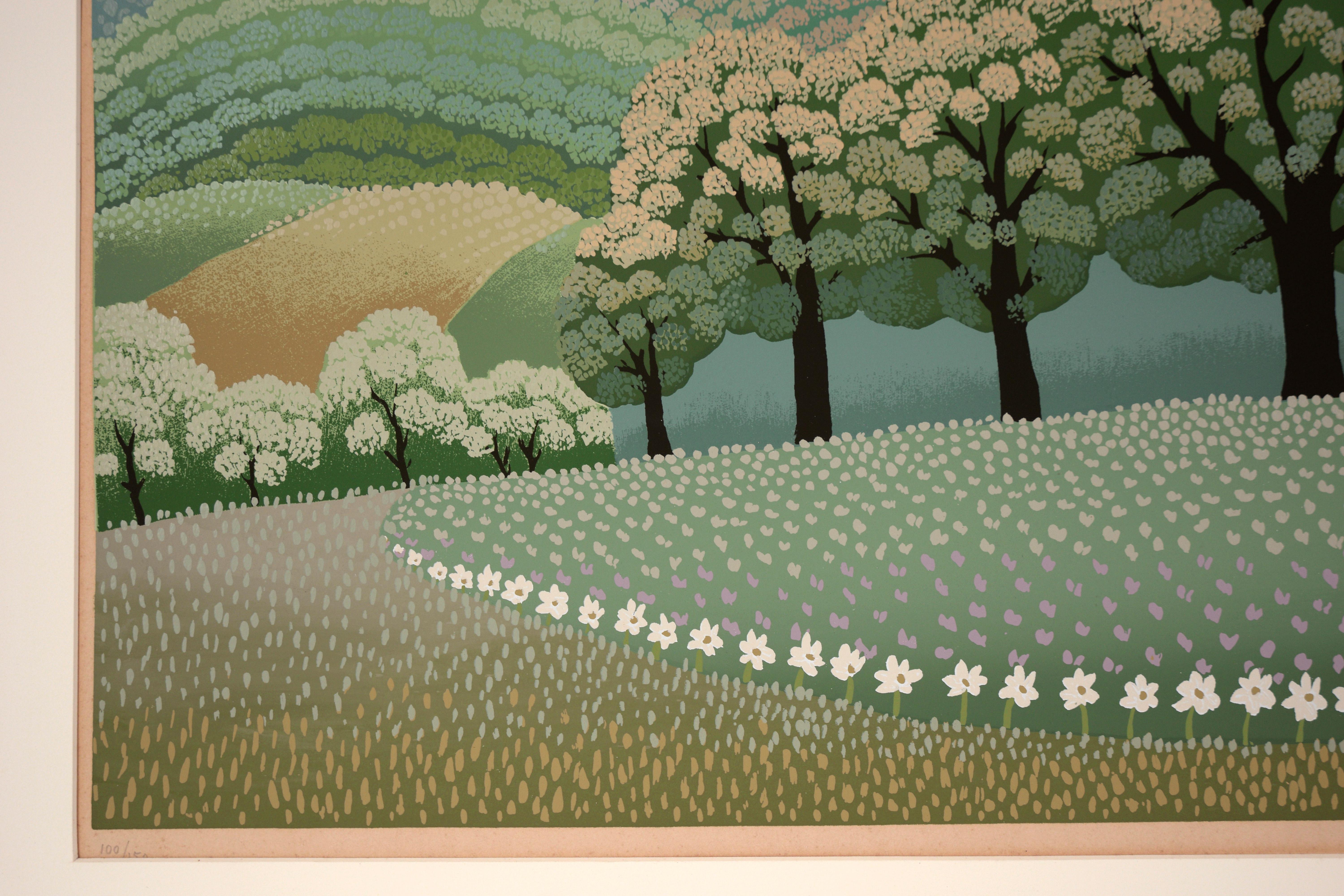 Paesaggio di primavera con nuvole rotonde - Serigrafia naif in edizione limitata in vendita 1