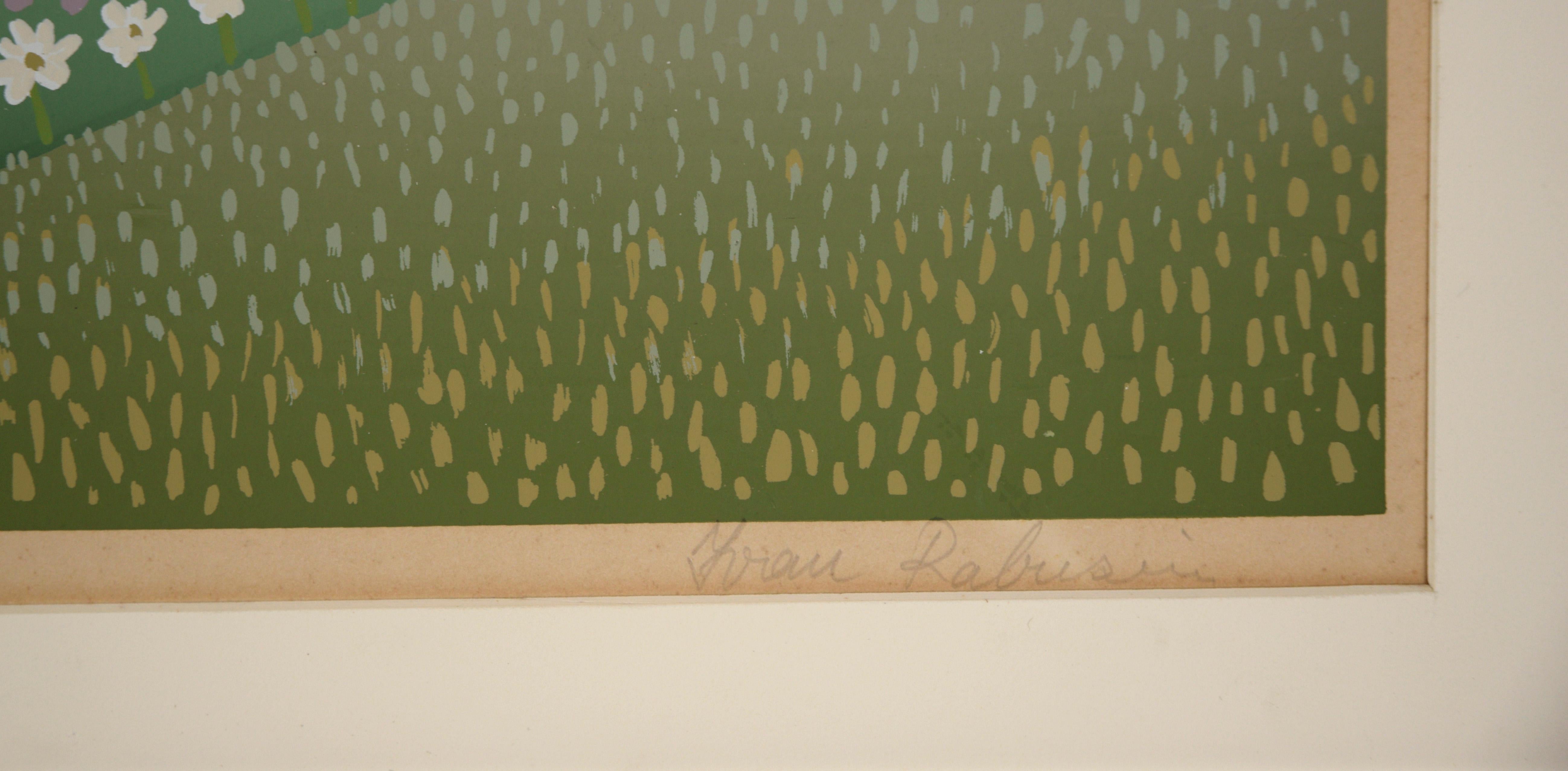 Paesaggio di primavera con nuvole rotonde - Serigrafia naif in edizione limitata in vendita 2