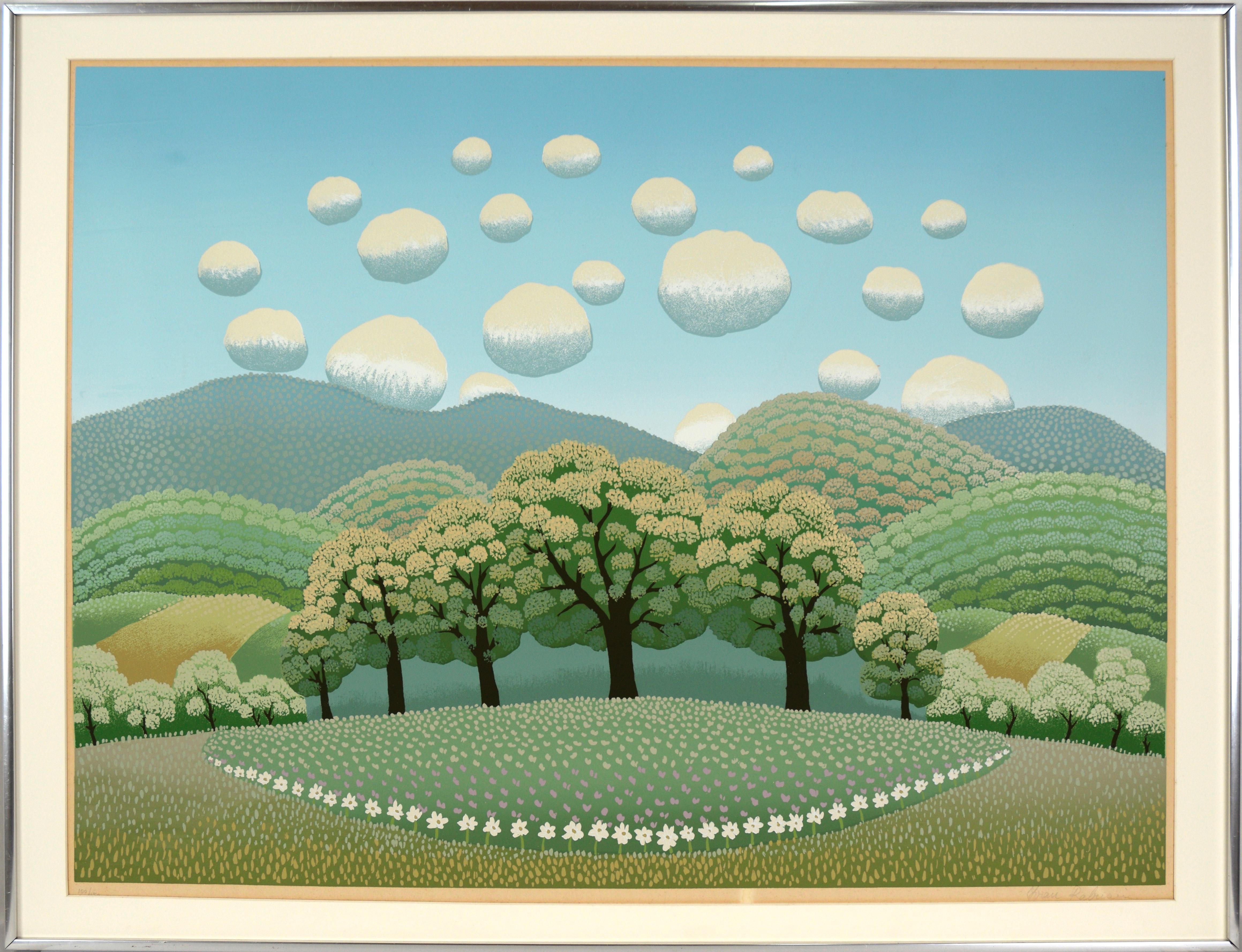 Spring Landscape with Round Clouds - Limited Edition Naive Serigraph