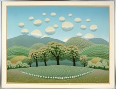 Paesaggio di primavera con nuvole rotonde - Serigrafia naif in edizione limitata
