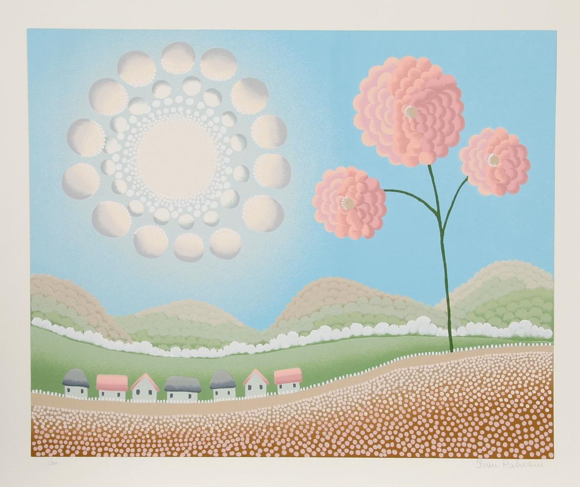 Hohe rosa Blume und Sonne, signierter Siebdruck im Stil der floralen Volkskunst von Ivan Rabuzin