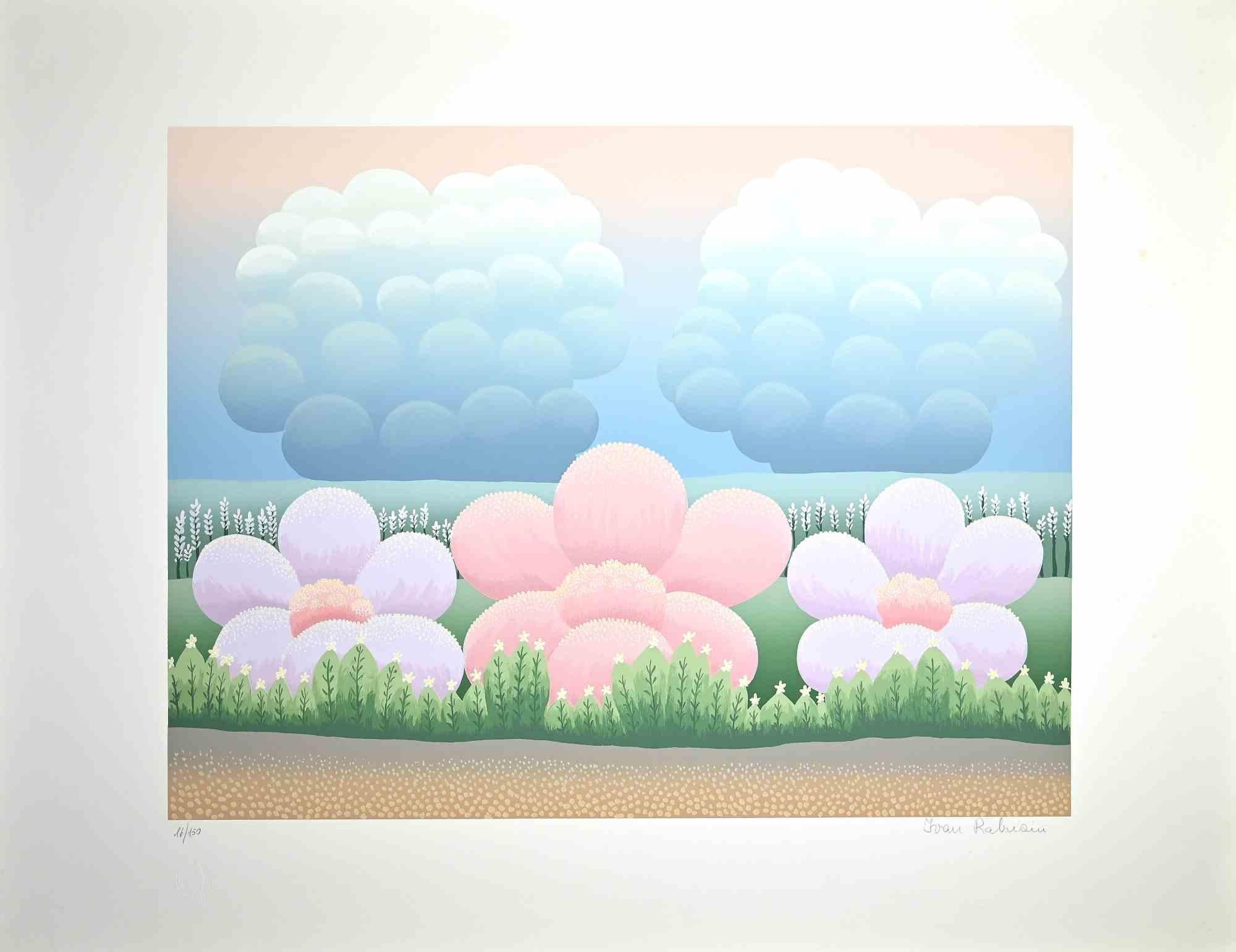 Three Big Flowers is an original colored screen print on paper realized by Ivan Rabuzin in the 1990s.

Hand-signed in pencil on the lower margin.  Edition 16/150

Excellent conditions. 

This very fine print, representing three Big flowers rising