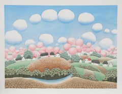 «Pueblo y nubes moteadas», serigrafía de arte popular floral firmada por Iván Rabuzin