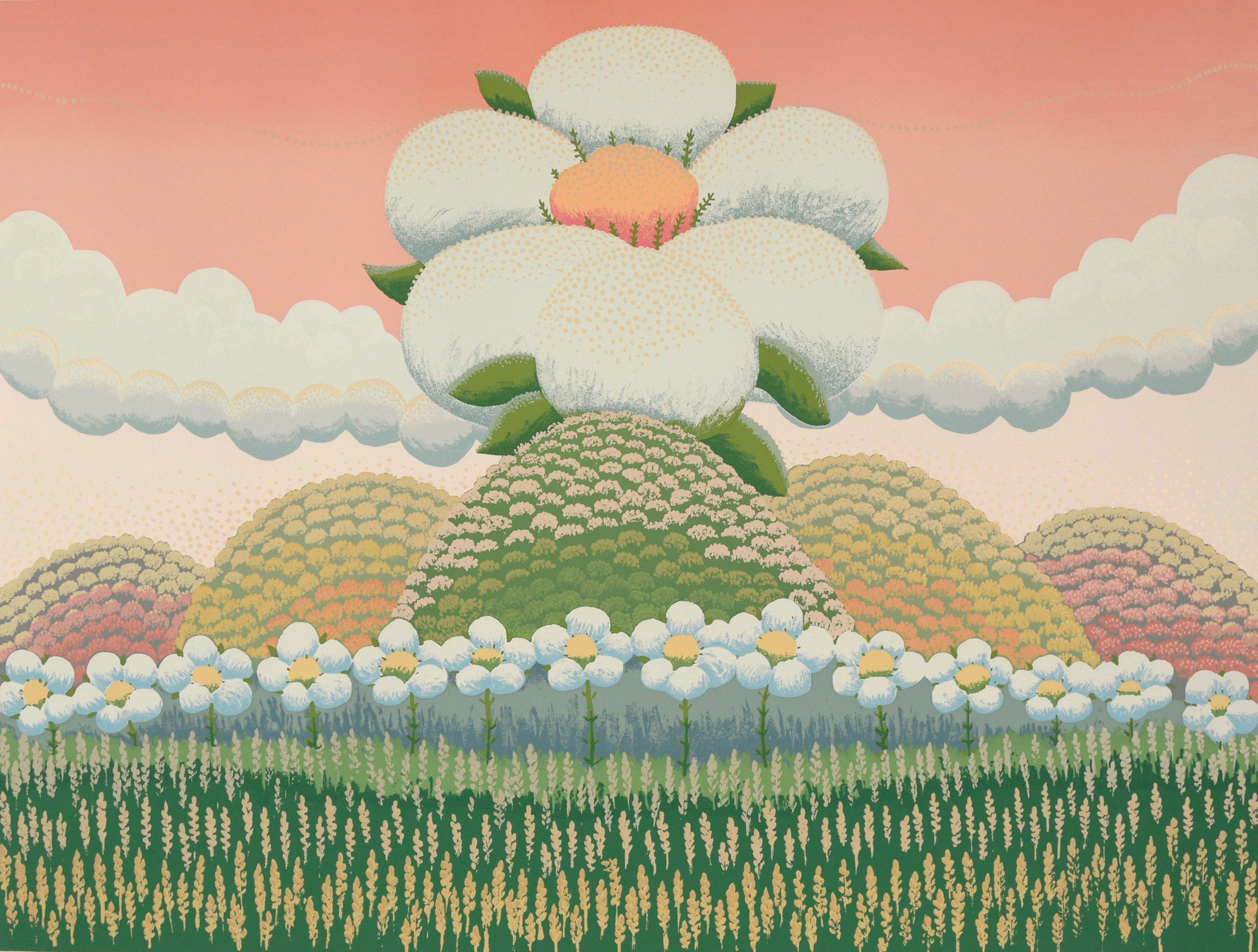 White Flowers on Pink Sky - Limited Edition Naive Serigraph - Print by Ivan Rabuzin