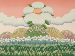 Fleurs blanches sur ciel rose - Sérigraphie naïve à tirage limité