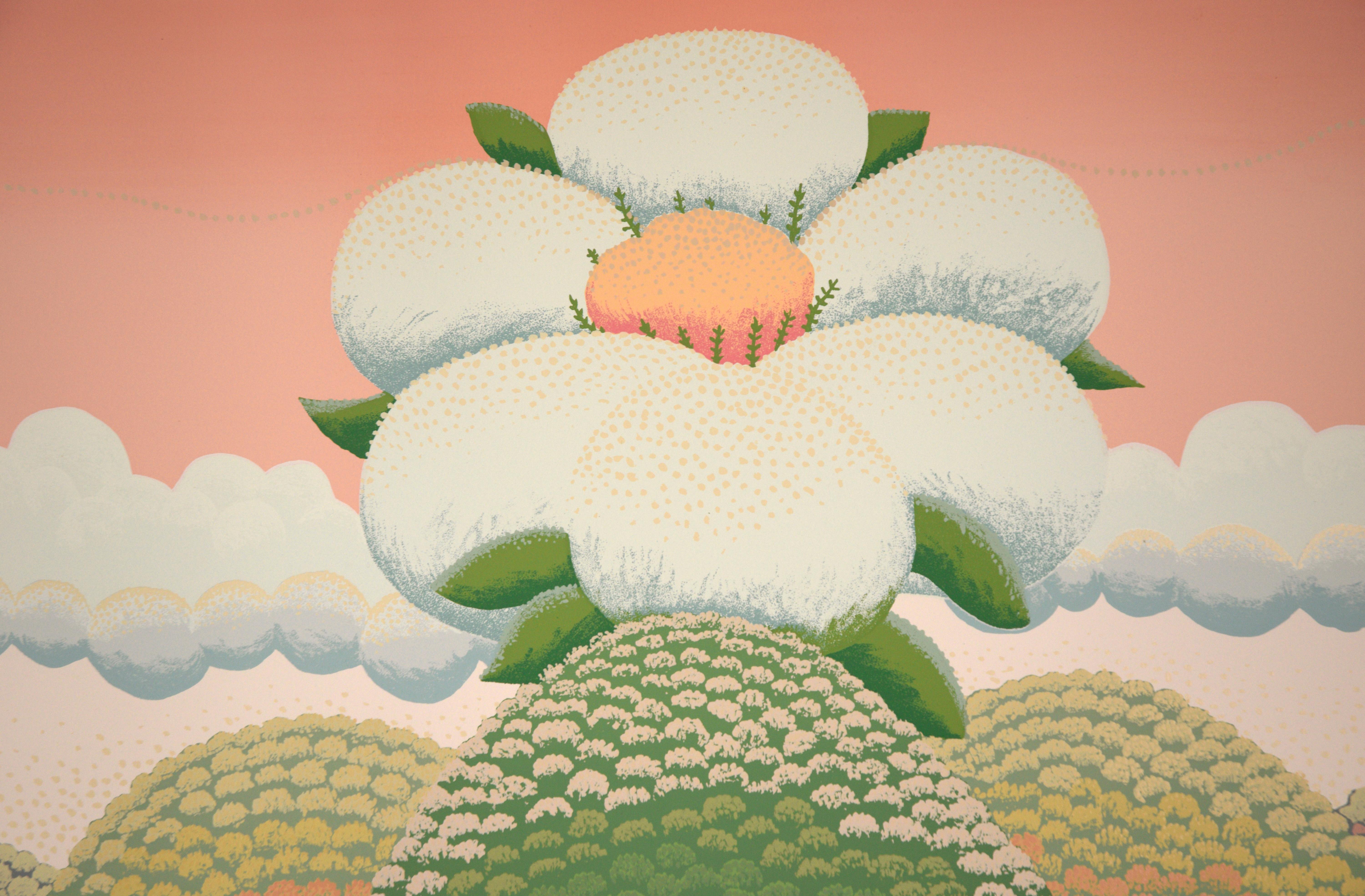 White Flowers on Pink Sky - Limited Edition Naive Serigraph - Folk Art Print by Ivan Rabuzin