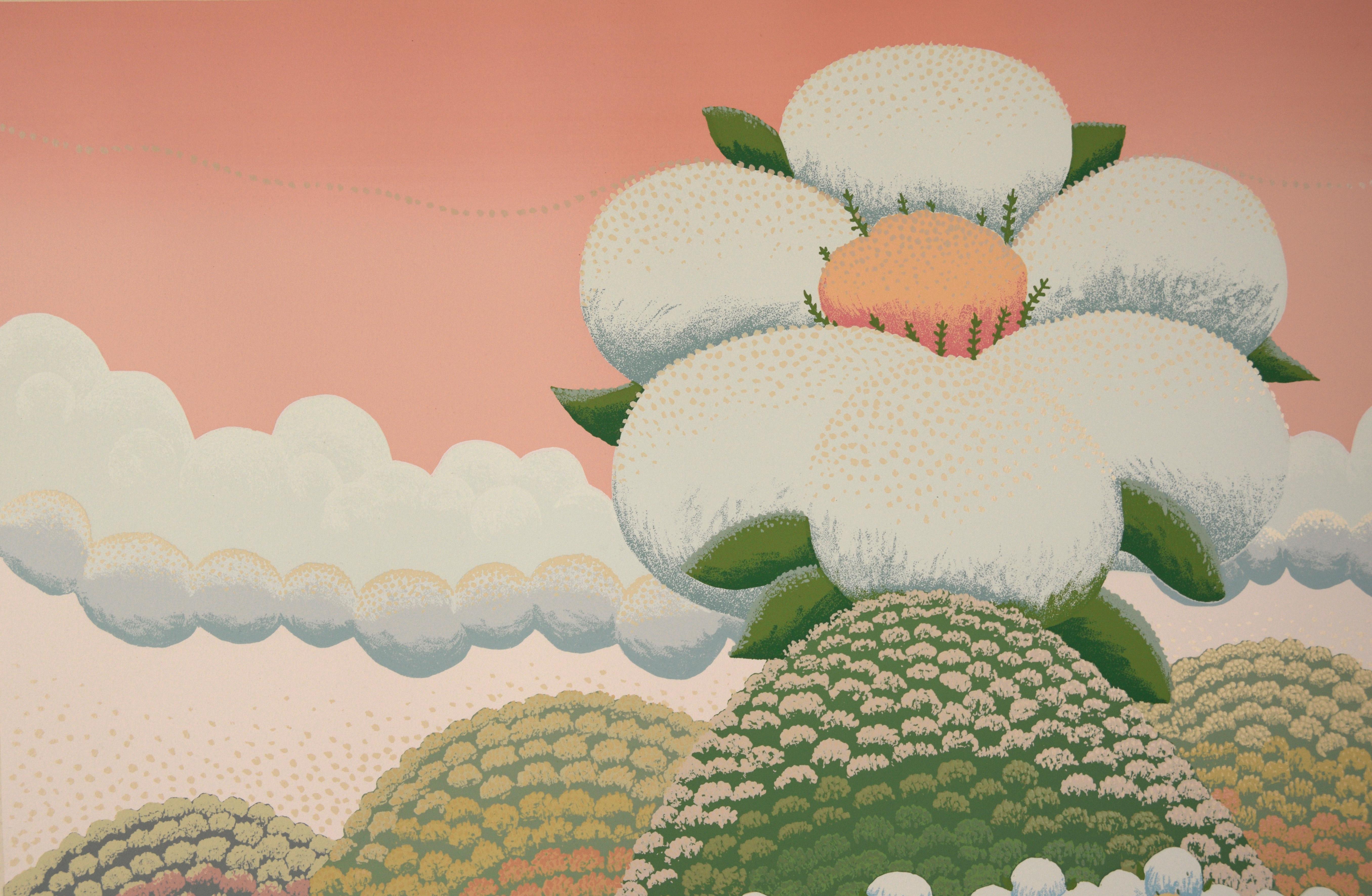 White Flowers on Pink Sky - Limited Edition Naive Serigraph - Beige Landscape Print by Ivan Rabuzin