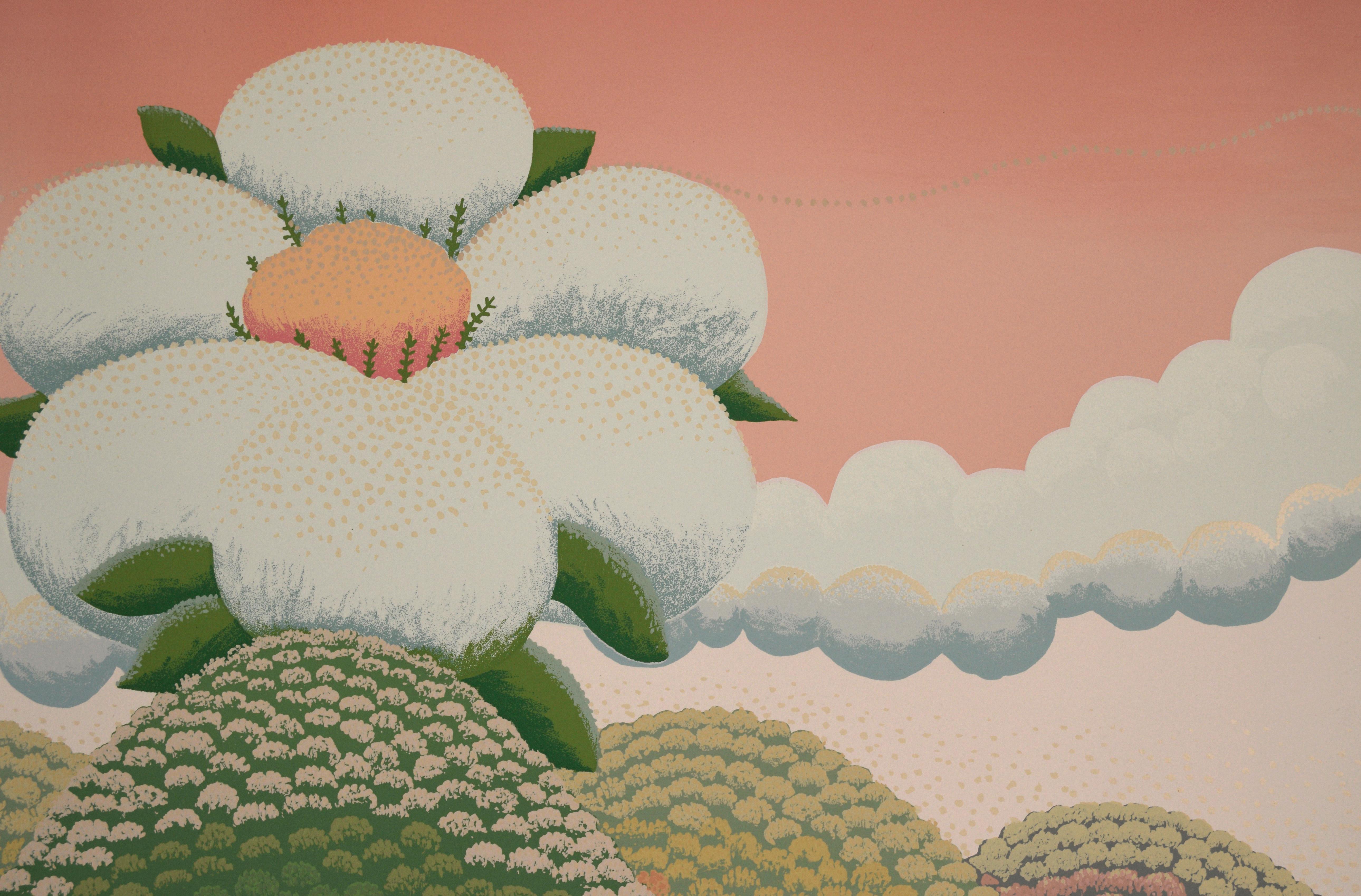 White Flowers on Pink Sky - Limited Edition Naive Serigraph

Colorful serigraph by Croatian naive artist Ivan Rabuzin (b. 27 March 1921, d. 18 December 2008.) A giant white flower rises above the hills and clouds in the center of this idealized