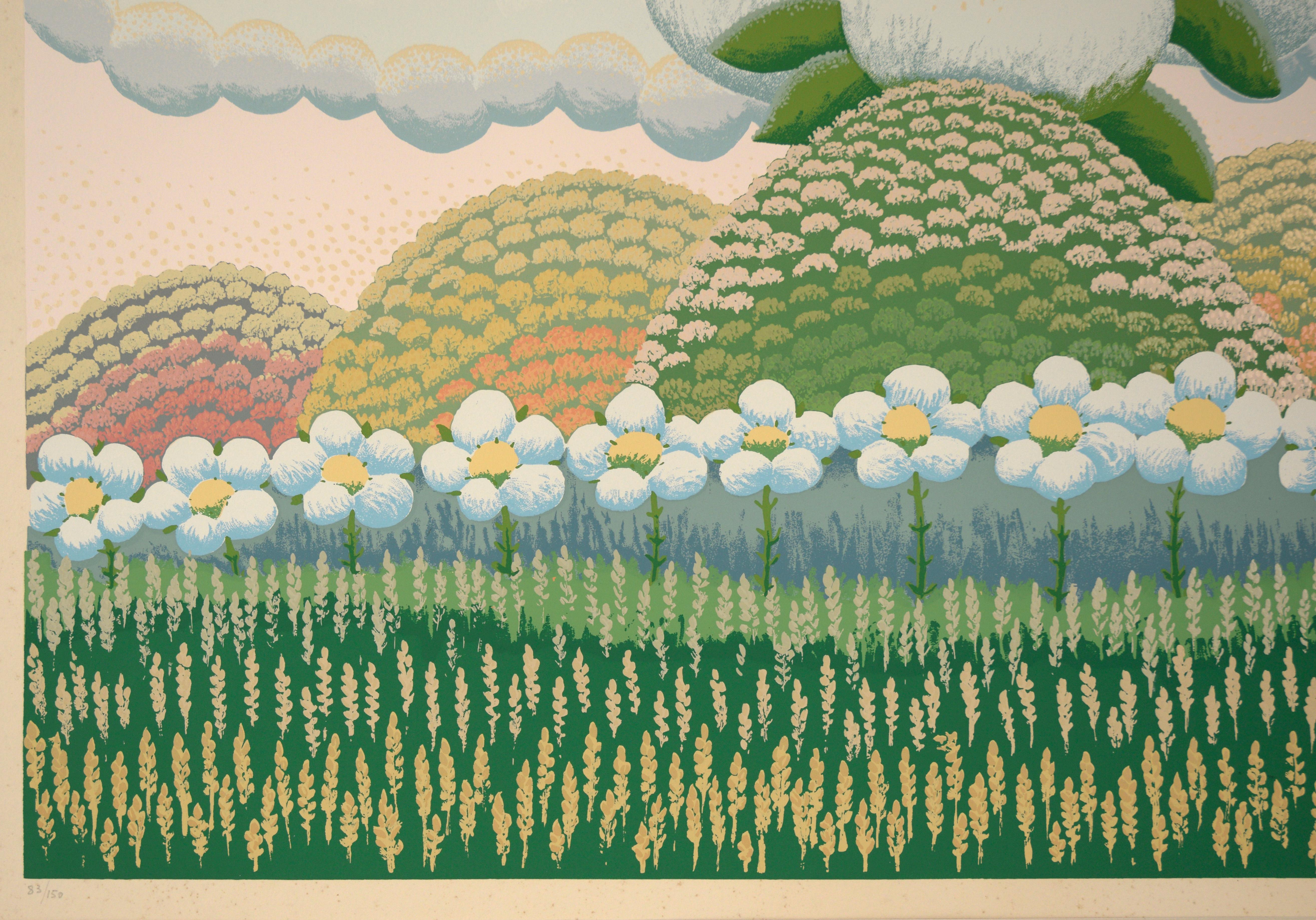 White Flowers on Pink Sky - Limited Edition Naive Serigraph For Sale 1