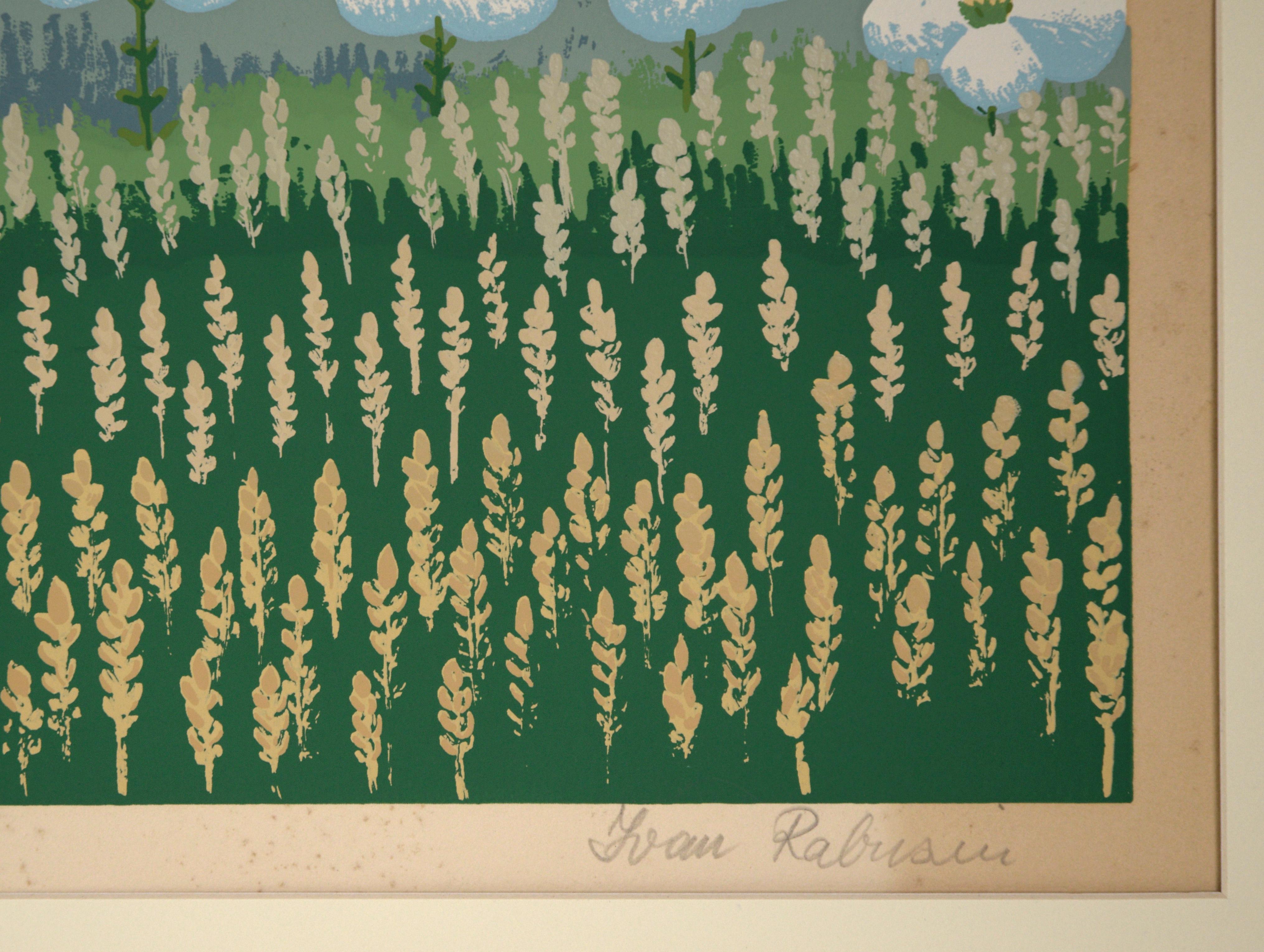 White Flowers on Pink Sky - Limited Edition Naive Serigraph For Sale 2