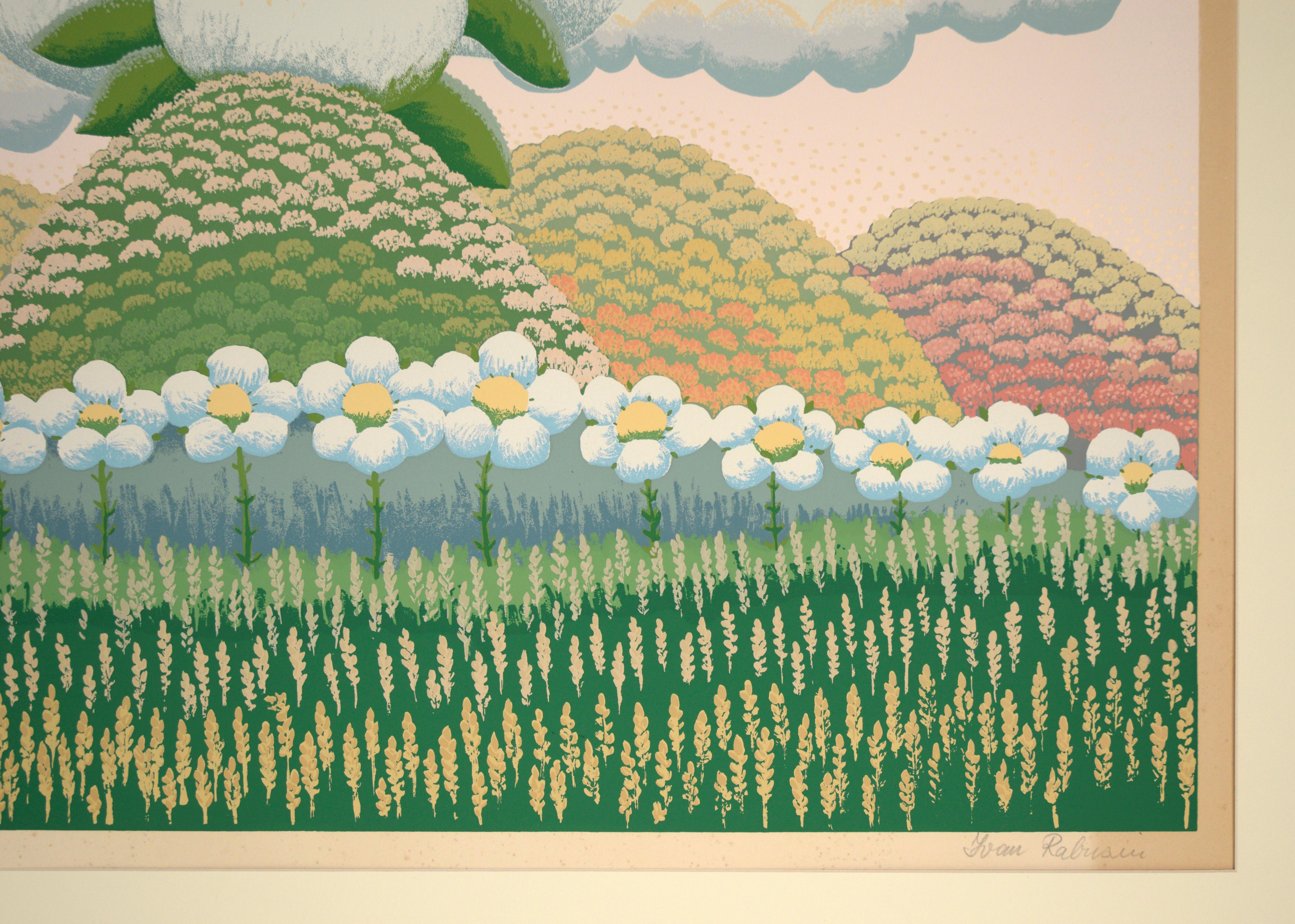 White Flowers on Pink Sky - Limited Edition Naive Serigraph For Sale 3