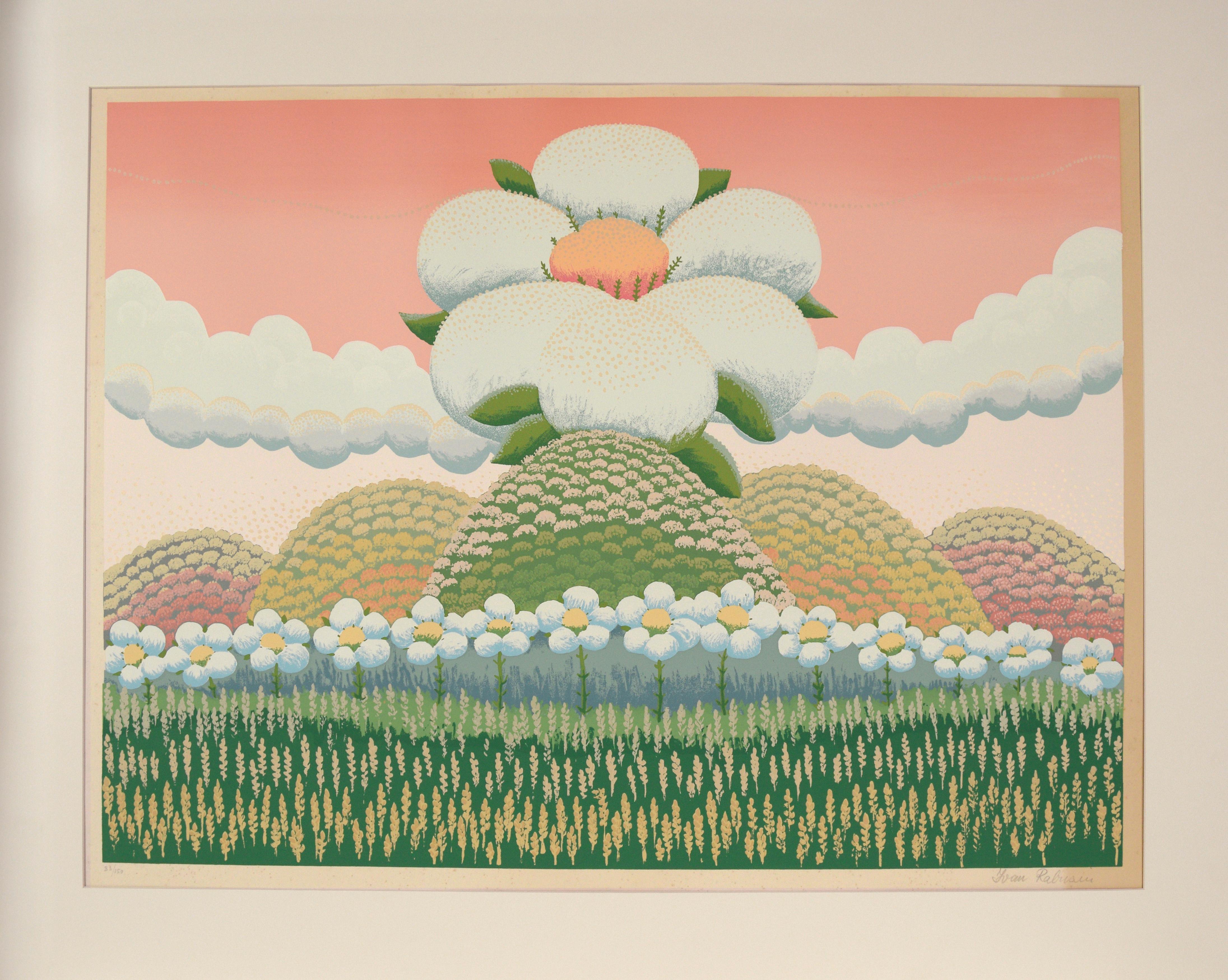 Ivan Rabuzin Landscape Print - White Flowers on Pink Sky - Limited Edition Naive Serigraph