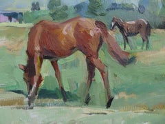 Un giorno di maggio - Paesaggio dipinto a olio Colori Verde Marrone Blu Bianco Grigio Nero