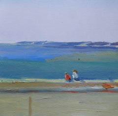 Una mañana junto al mar - Paisaje Pintura al óleo Colores Azul Blanco Gris Amarillo