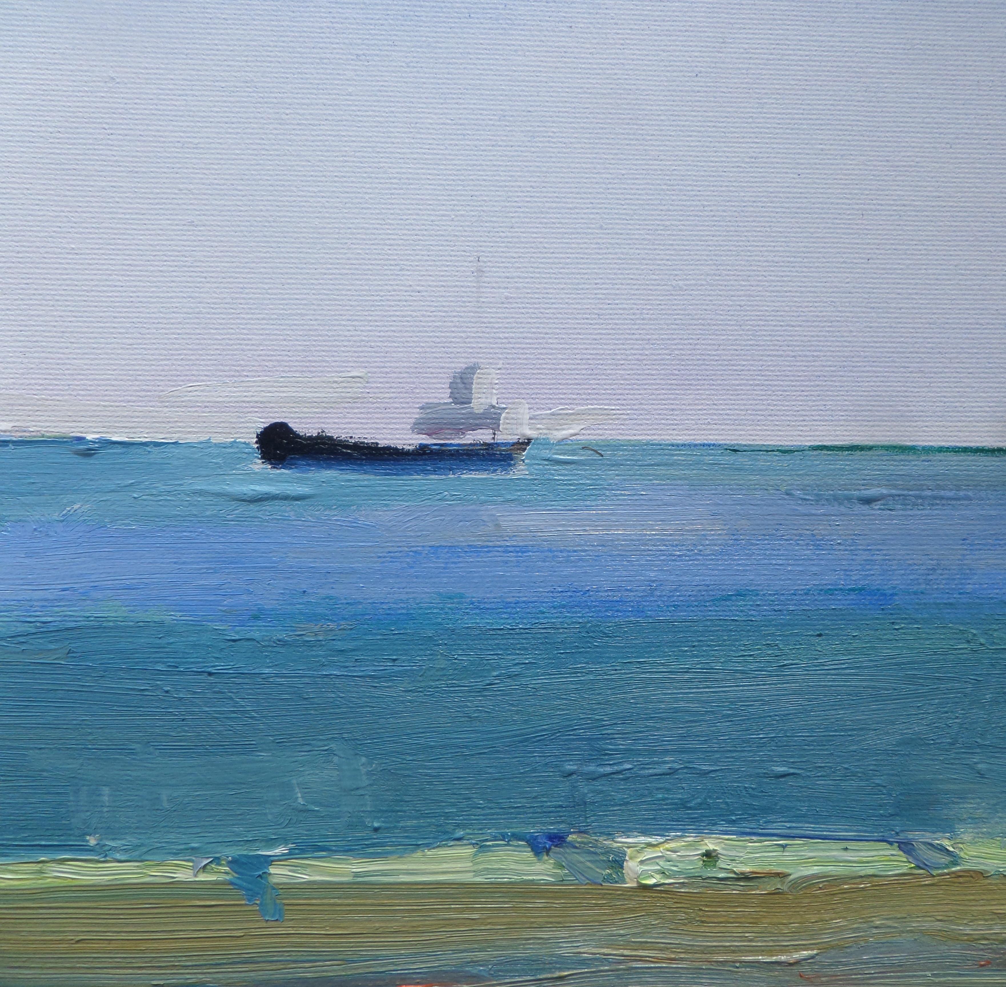 A Morning By the Sea - Landschaft Ölgemälde Farben Blau Weiß Grau Gelb  (Impressionismus), Painting, von Ivan Roussev