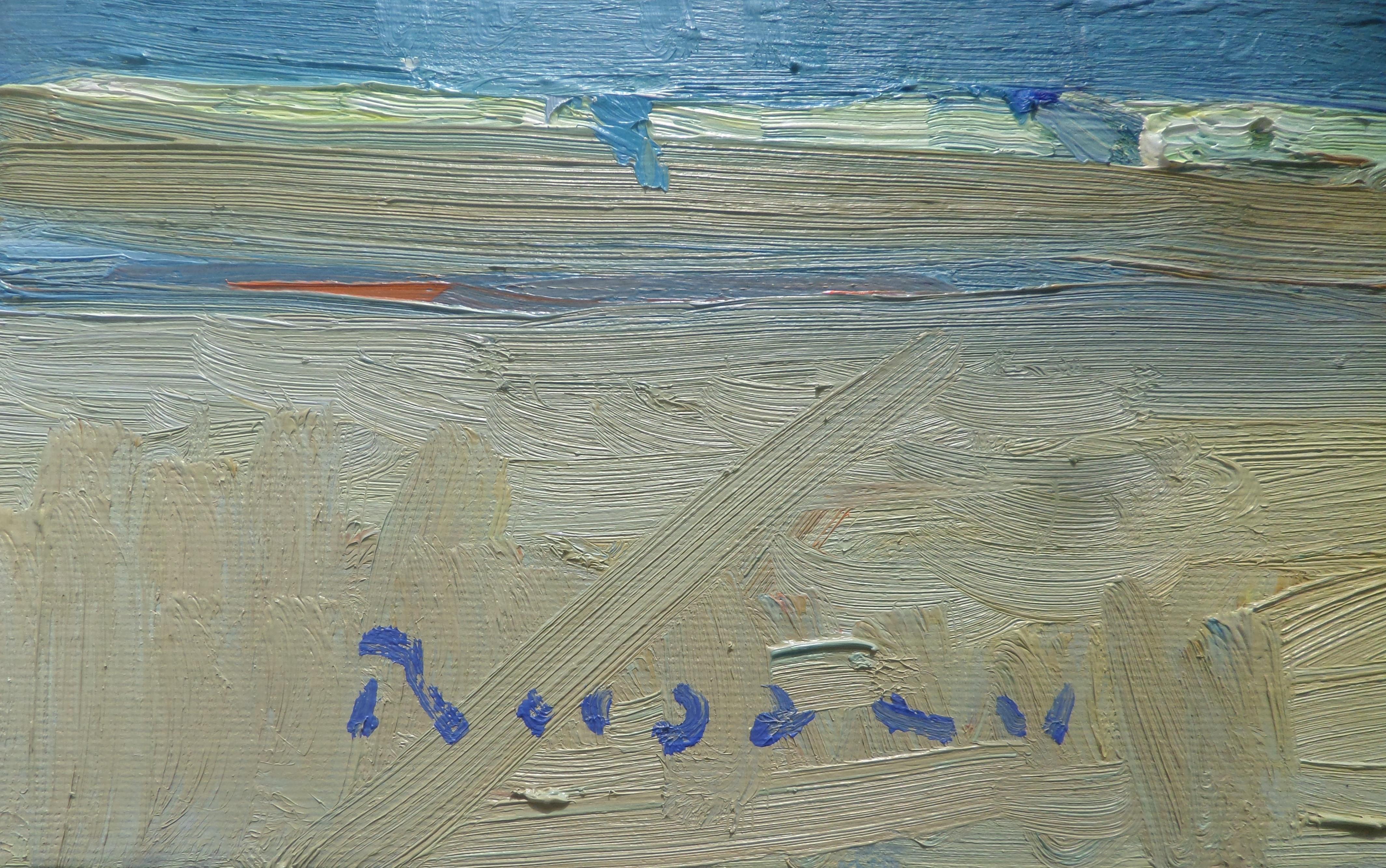 Una mañana junto al mar - Paisaje Pintura al óleo Colores Azul Blanco Gris Amarillo en venta 1