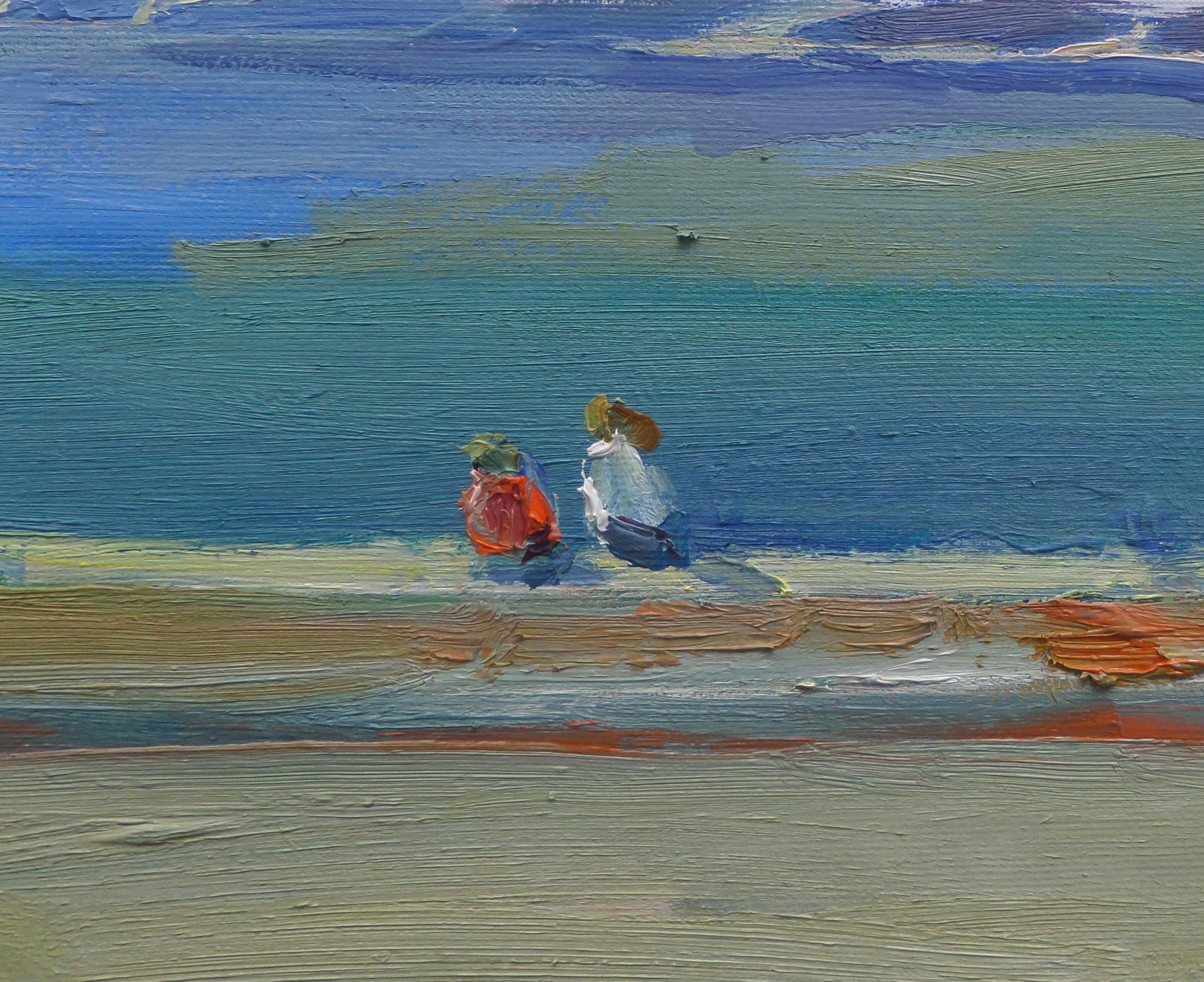 Una mañana junto al mar - Paisaje Pintura al óleo Colores Azul Blanco Gris Amarillo en venta 2