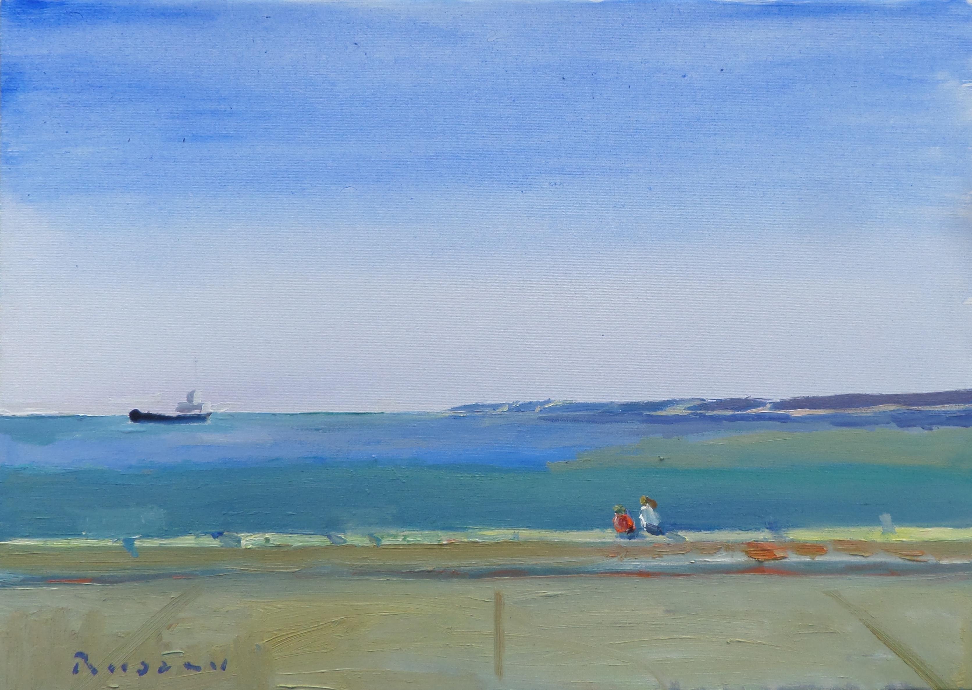 Ivan Roussev Figurative Painting – A Morning By the Sea - Landschaft Ölgemälde Farben Blau Weiß Grau Gelb 