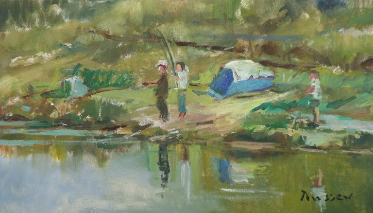 Ivan Roussev A Mountain Morning Landscape Painting Canvas Oil Green Grey Blue Brown Yellow For Sale At 1stdibs