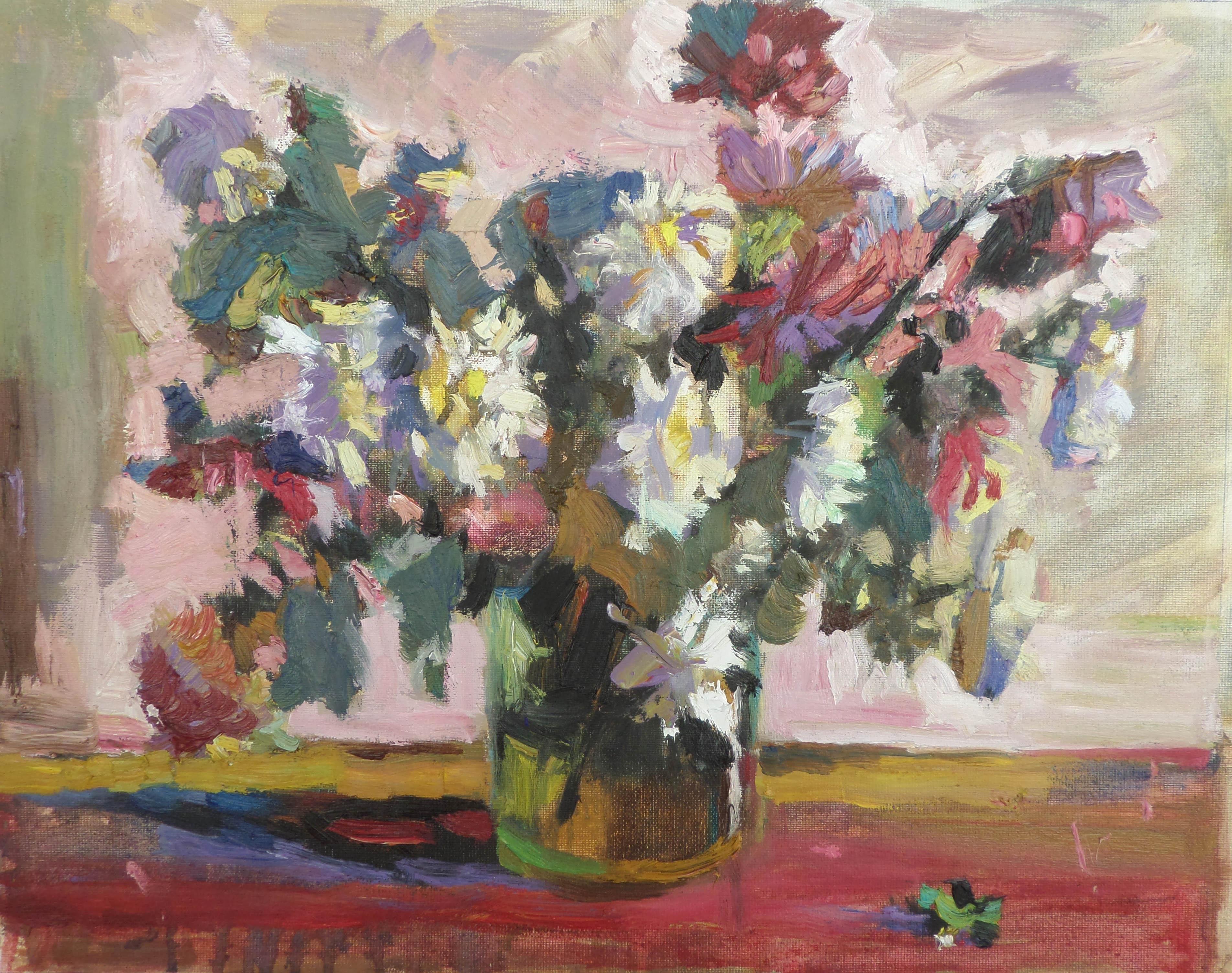 Ivan Roussev Still-Life Painting – Herbstblumen-Stillleben, Ölgemälde in Gelb, Blau, Grün, Braun, Flieder, Weiß und Rosa