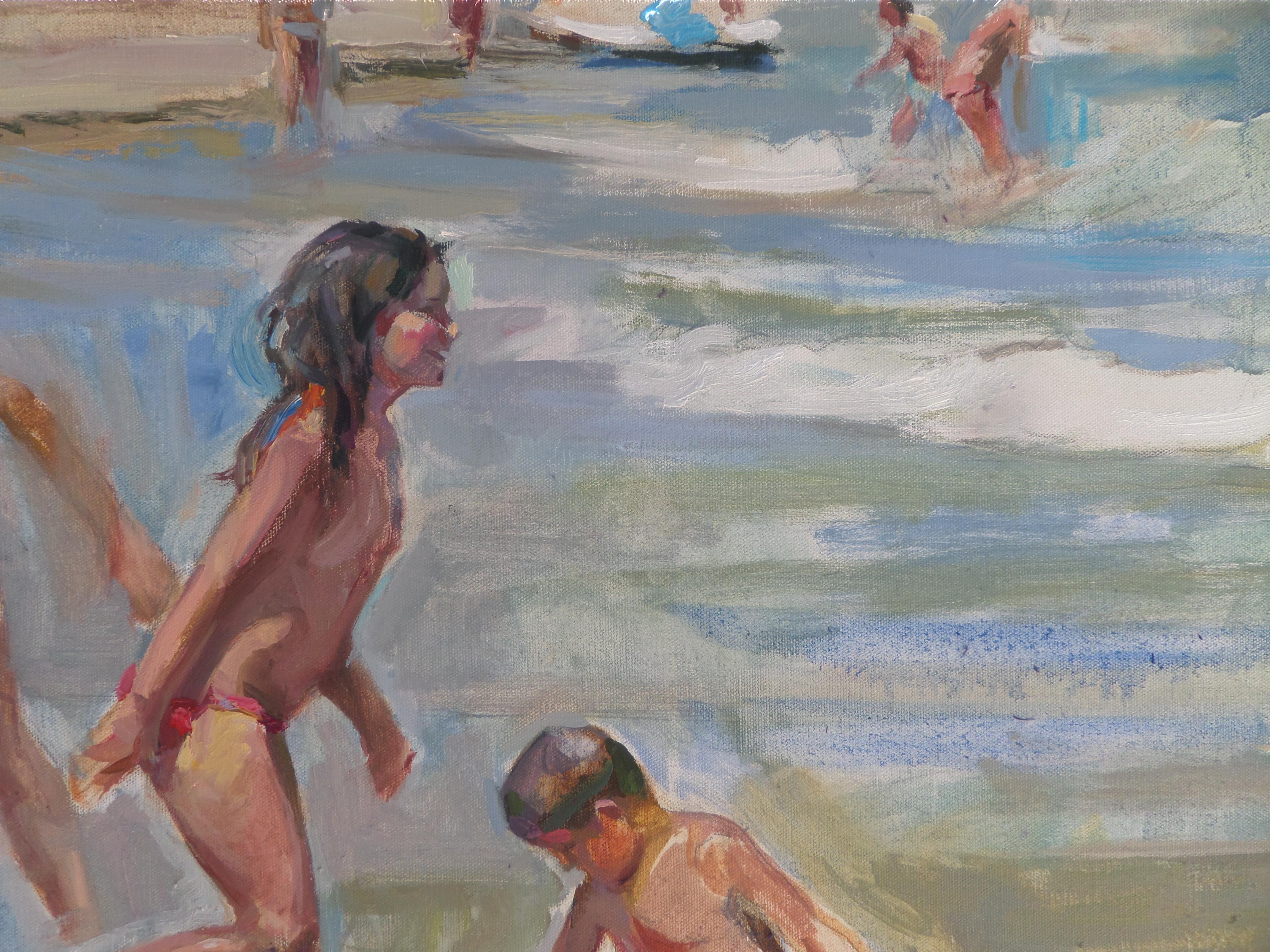 Niños en el mar - Pintura al óleo Paisaje Colores Azul Blanco Amarillo Pálido Marrón - Painting Impresionista de Ivan Roussev