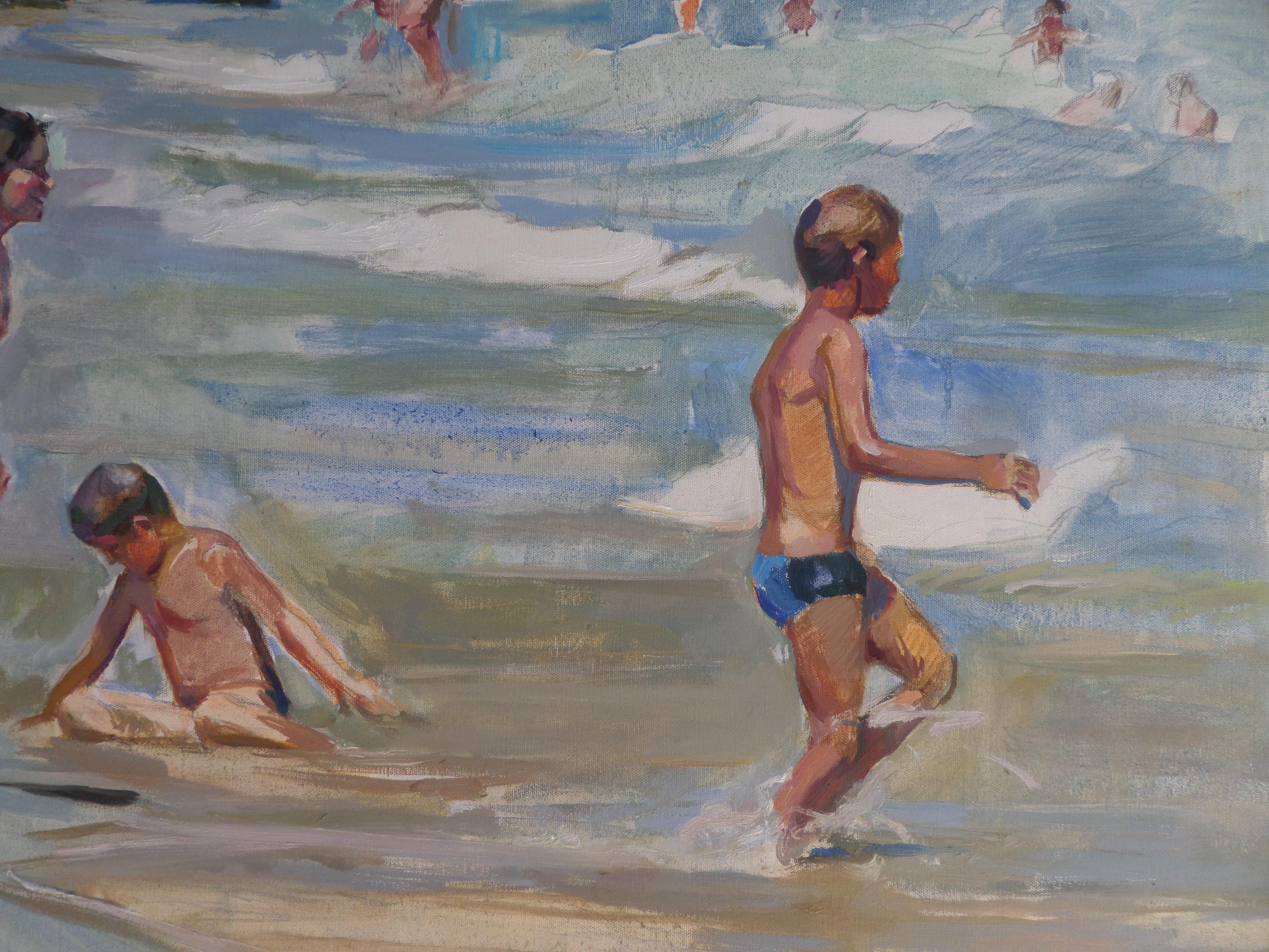 Niños en el mar - Pintura al óleo Paisaje Colores Azul Blanco Amarillo Pálido Marrón en venta 1