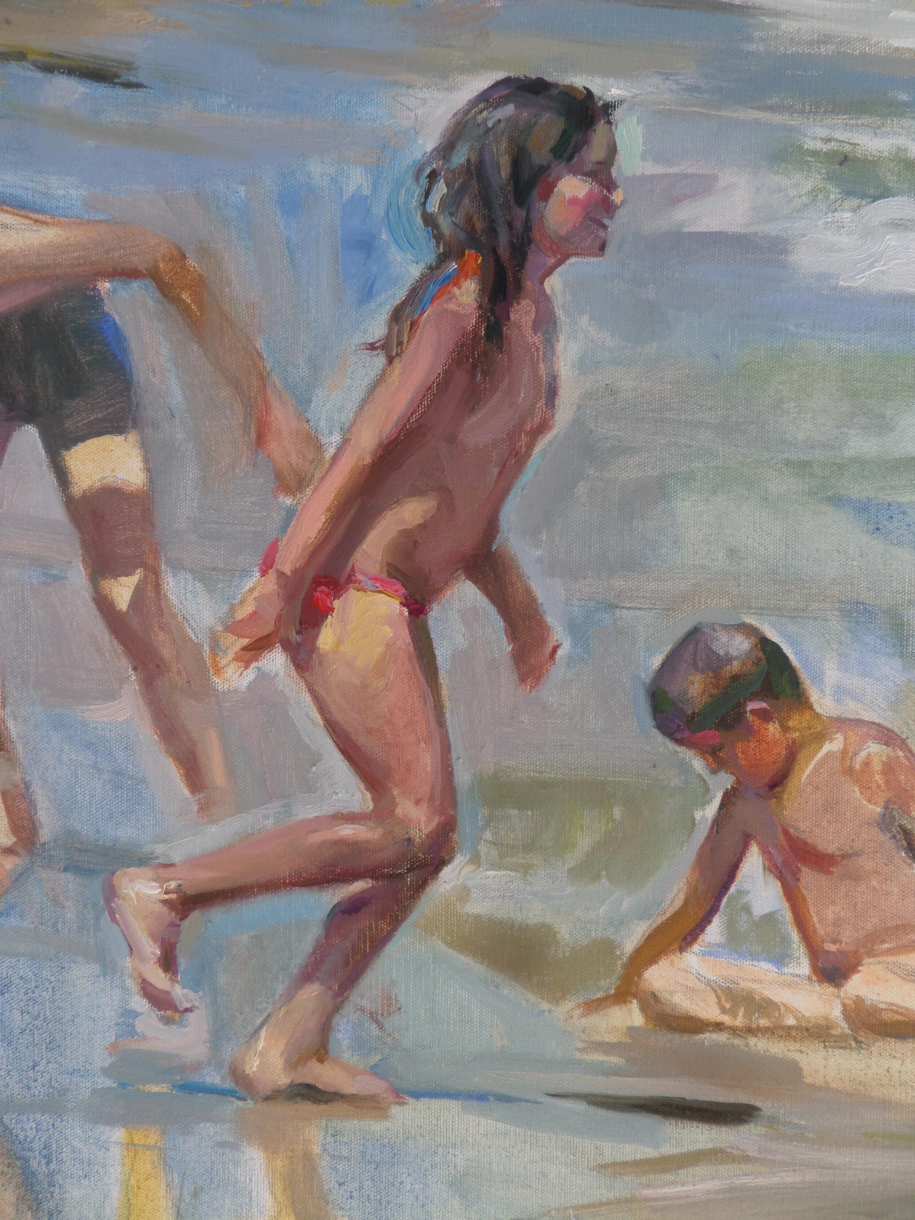 Niños en el mar - Pintura al óleo Paisaje Colores Azul Blanco Amarillo Pálido Marrón en venta 3