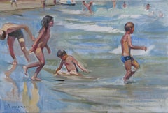 Niños en el mar - Pintura al óleo Paisaje Colores Azul Blanco Amarillo Pálido Marrón