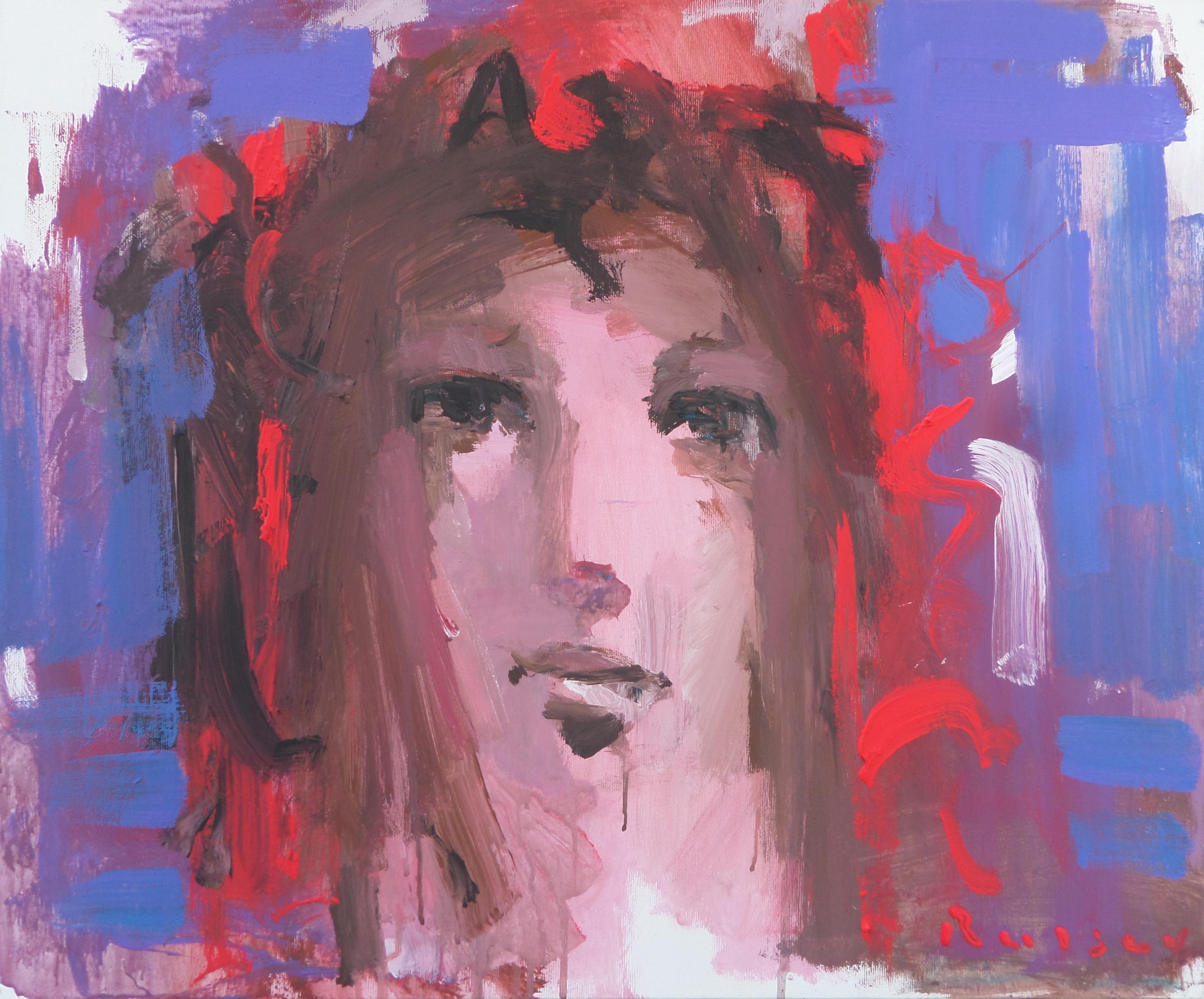 Ivan Roussev Portrait Painting - Coral Color - Portrait Oil Painting Colors Red Blue White Pale Brown Lilac