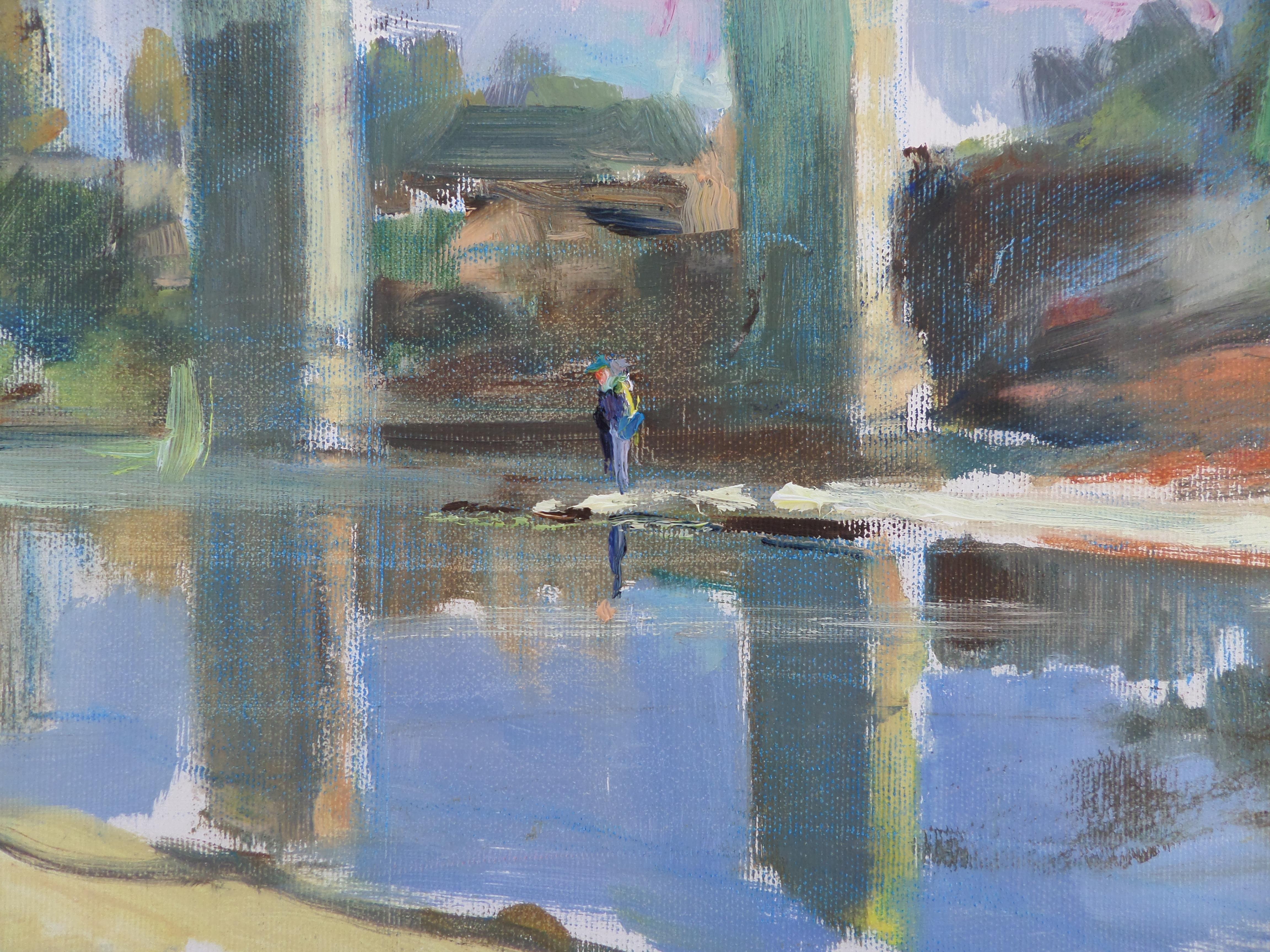 Lungo il fiume - Paesaggio dipinto a olio Colori Verde Bianco Blu Marrone - Painting di Ivan Roussev