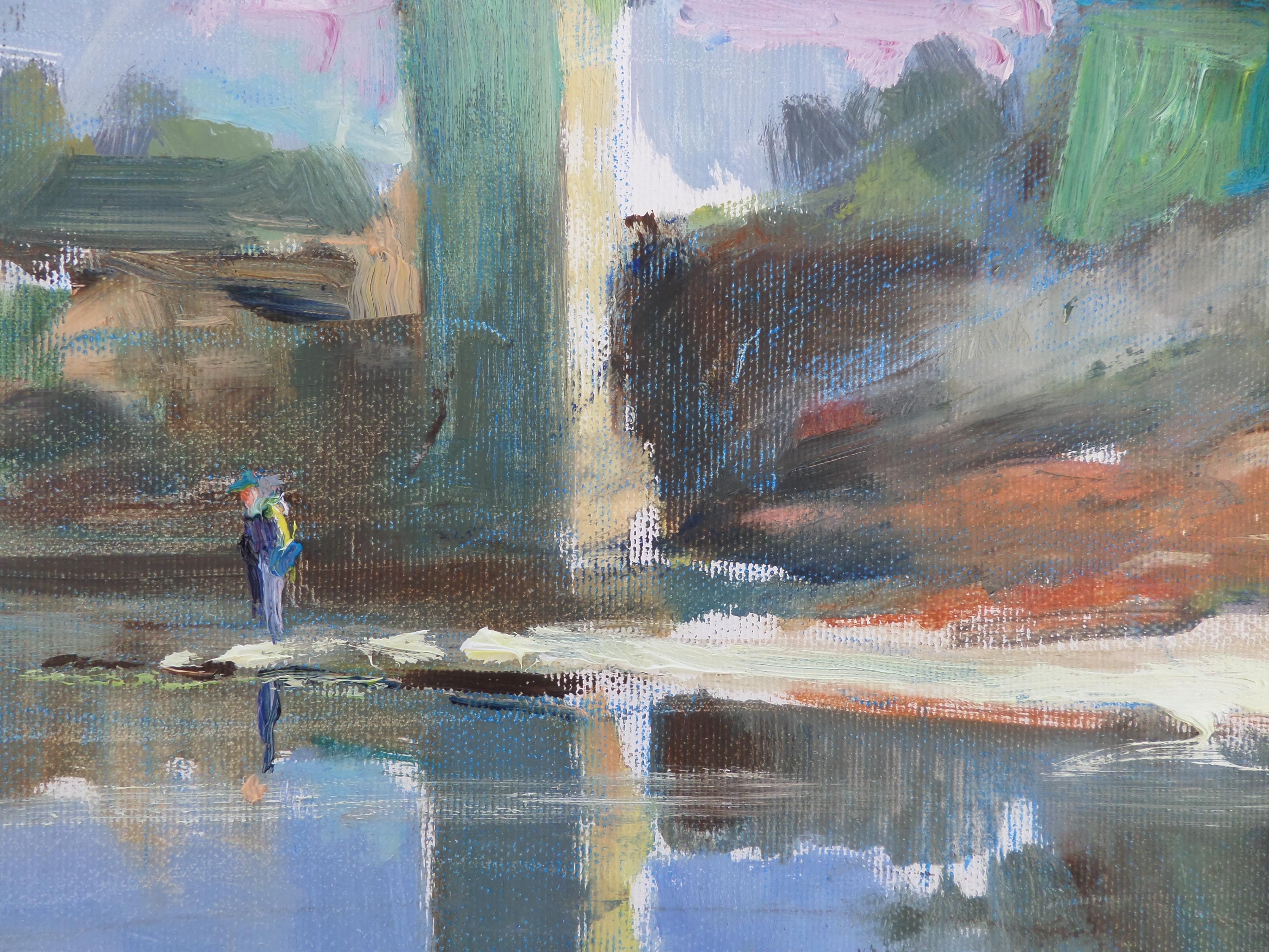 Lungo il fiume - Paesaggio dipinto a olio Colori Verde Bianco Blu Marrone - Landscape Painting Grigio di Ivan Roussev