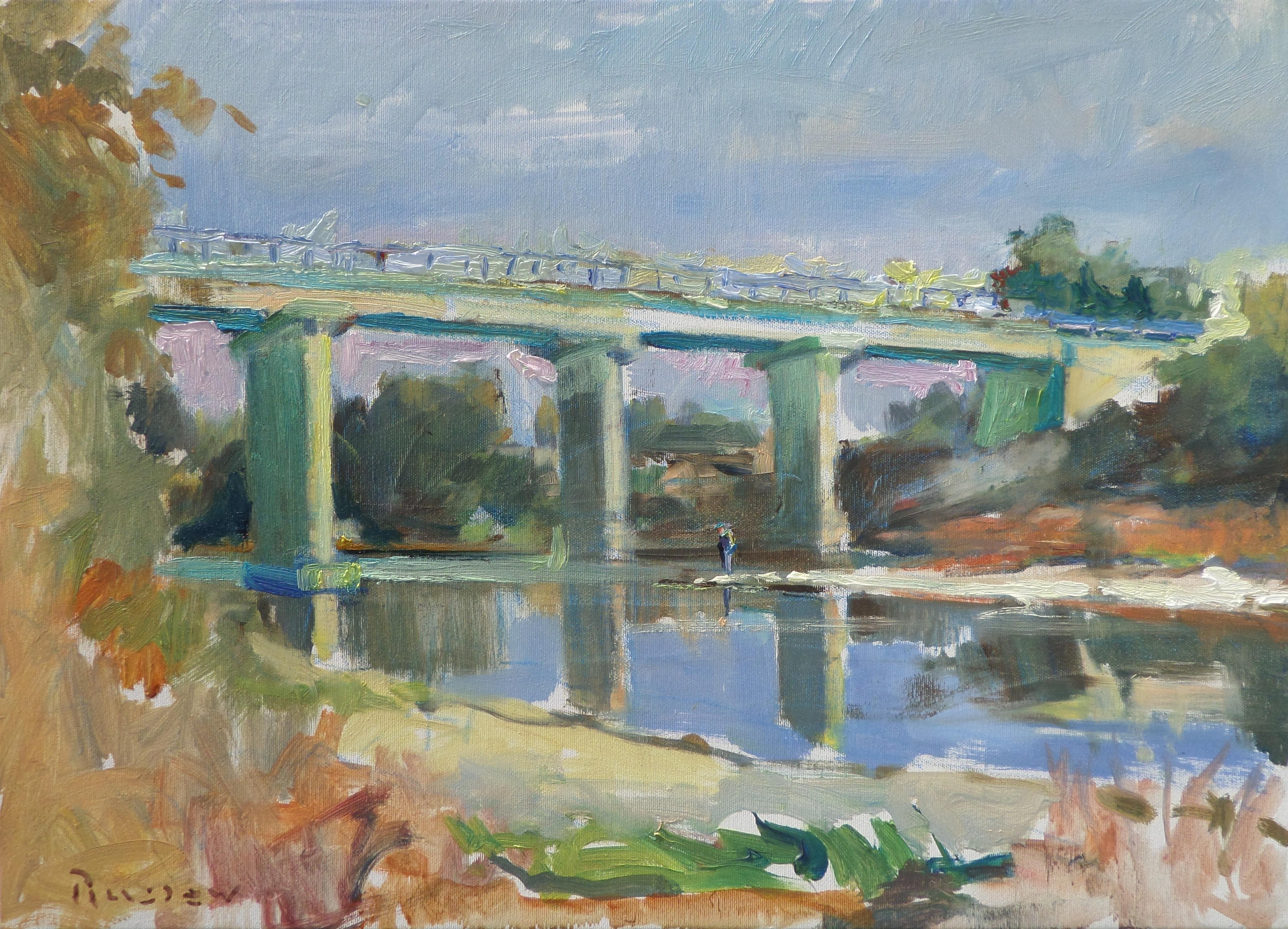 Ivan Roussev Landscape Painting - Down The River - Landscape Oil Painting Colors Green White Blue Brown 