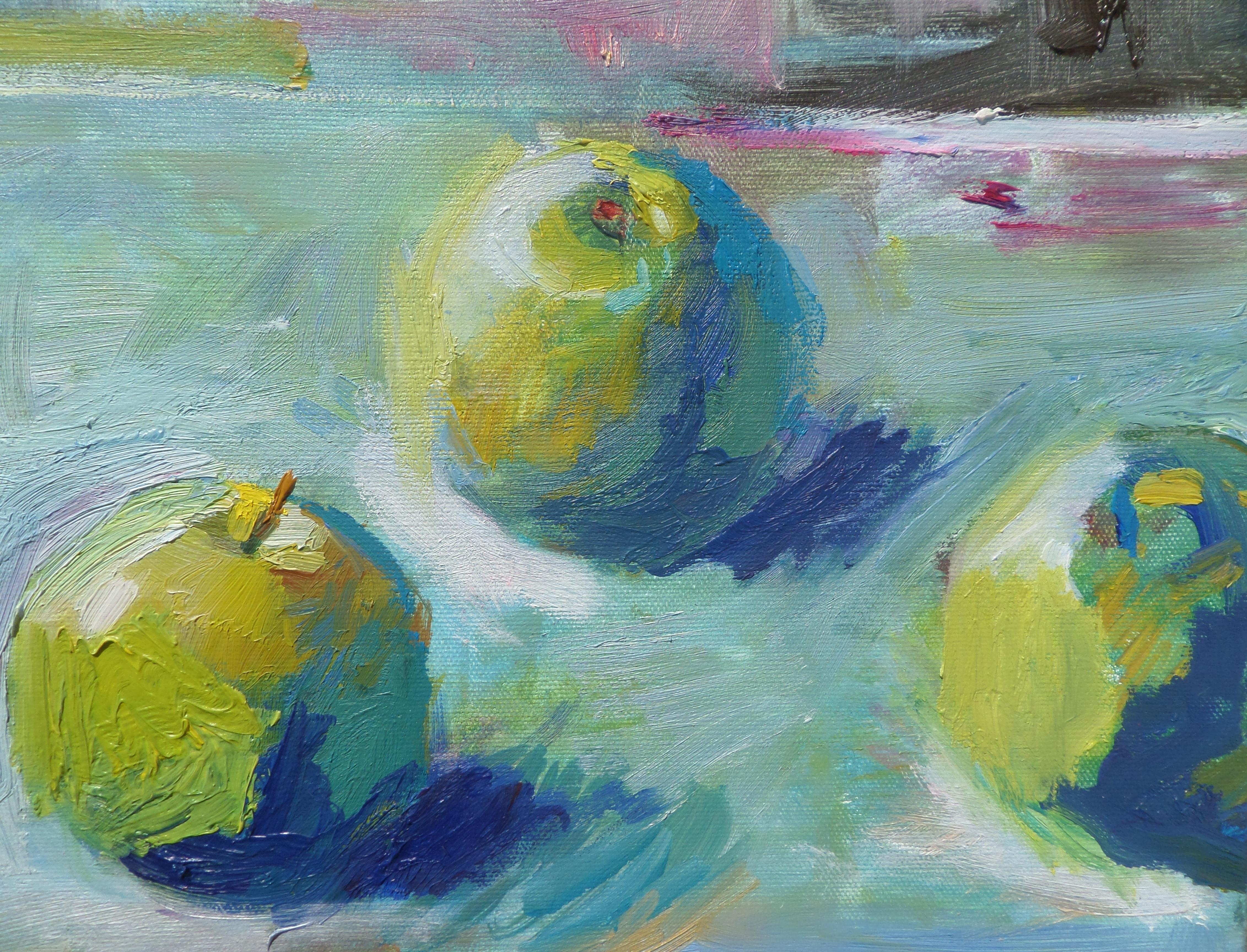 Eight Apples - Still Life Oil Painting Green Blue Lilac Pink White Grey Yellow For Sale 1