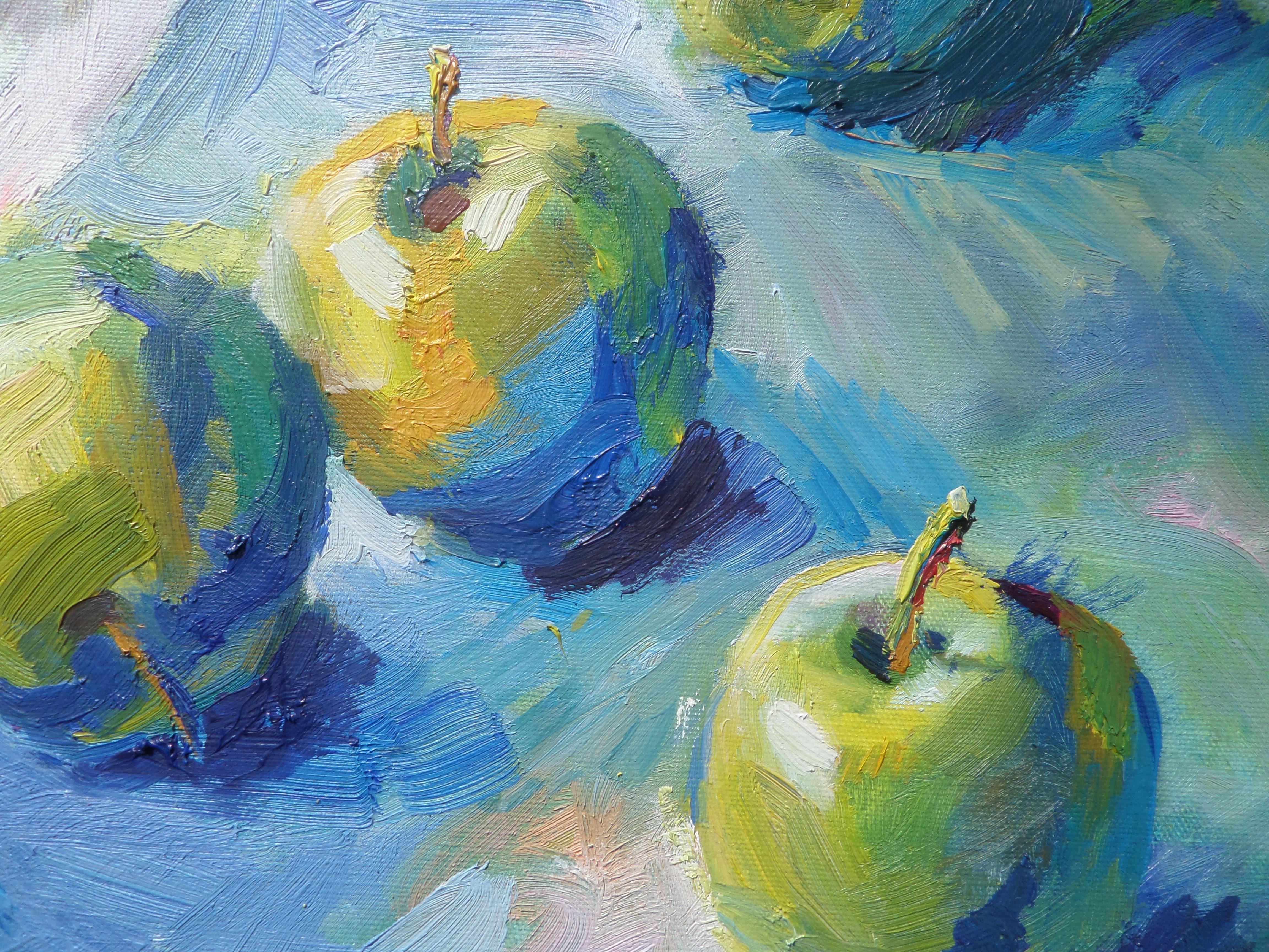 Eight Apples - Still Life Oil Painting Colors Blue Green Brown Lilac White - Gray Still-Life Painting by Ivan Roussev