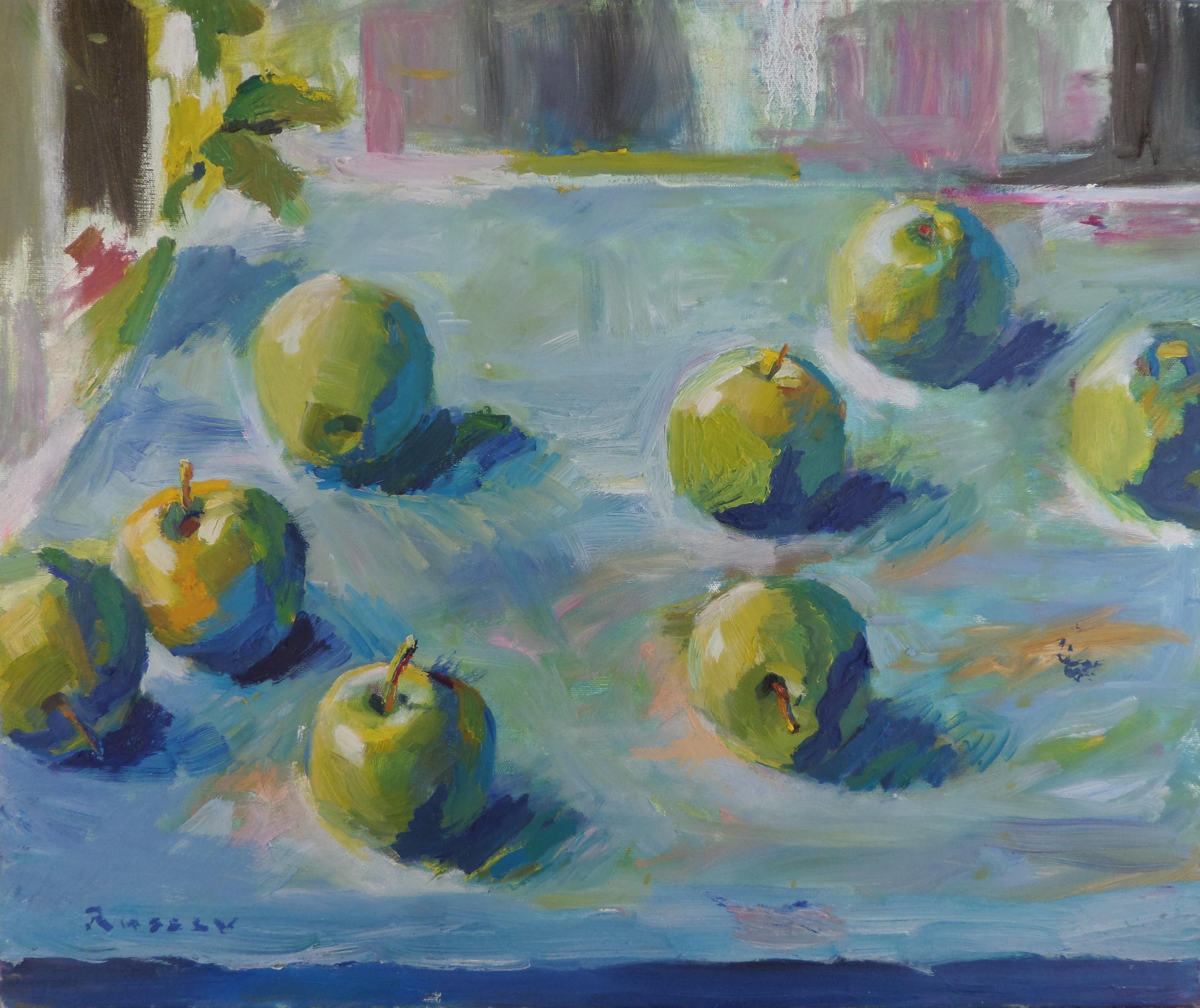 Ivan Roussev Still-Life Painting – Acht Äpfel – Stillleben, Ölgemälde in den Farben Blau, Grün, Braun und Fliederweiß