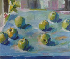 Acht Äpfel – Stillleben, Ölgemälde in den Farben Blau, Grün, Braun und Fliederweiß