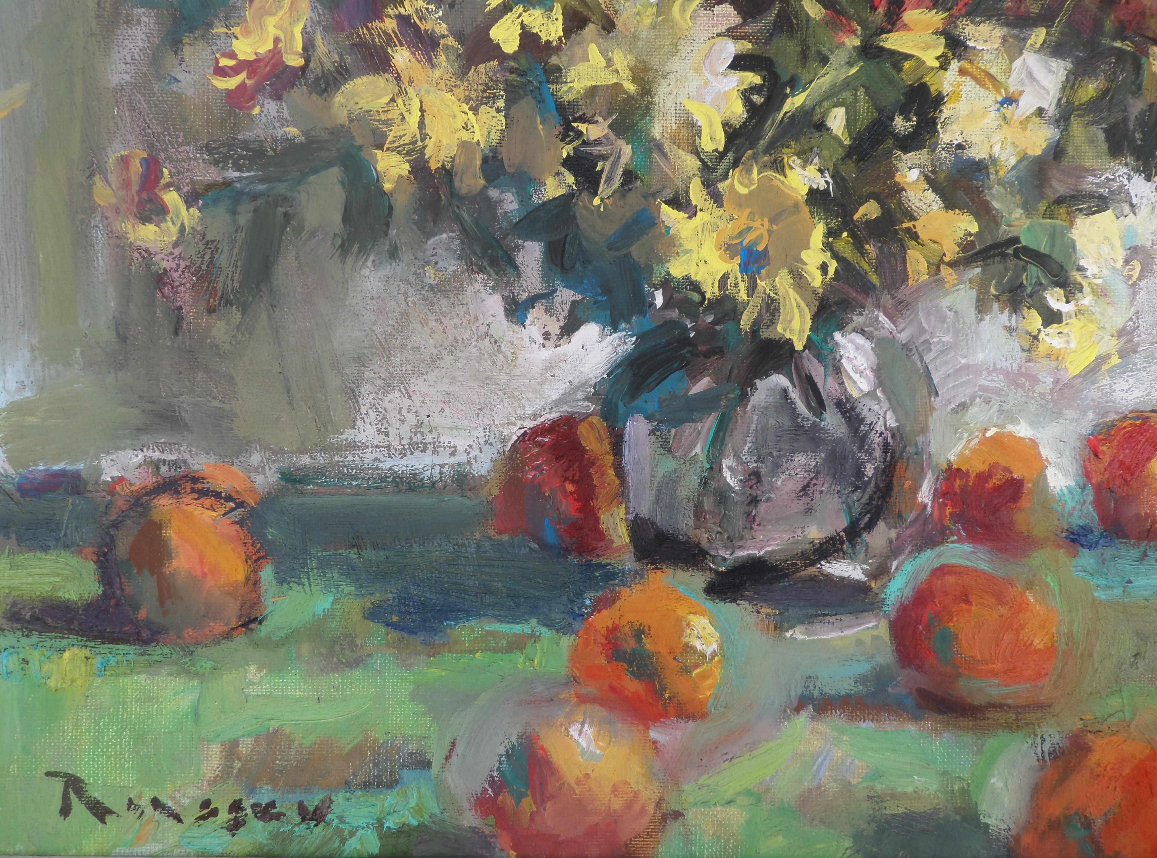 Flowers And Fruits - Still Life Oil painting Green Red White Yellow Brown Orange - Painting by Ivan Roussev