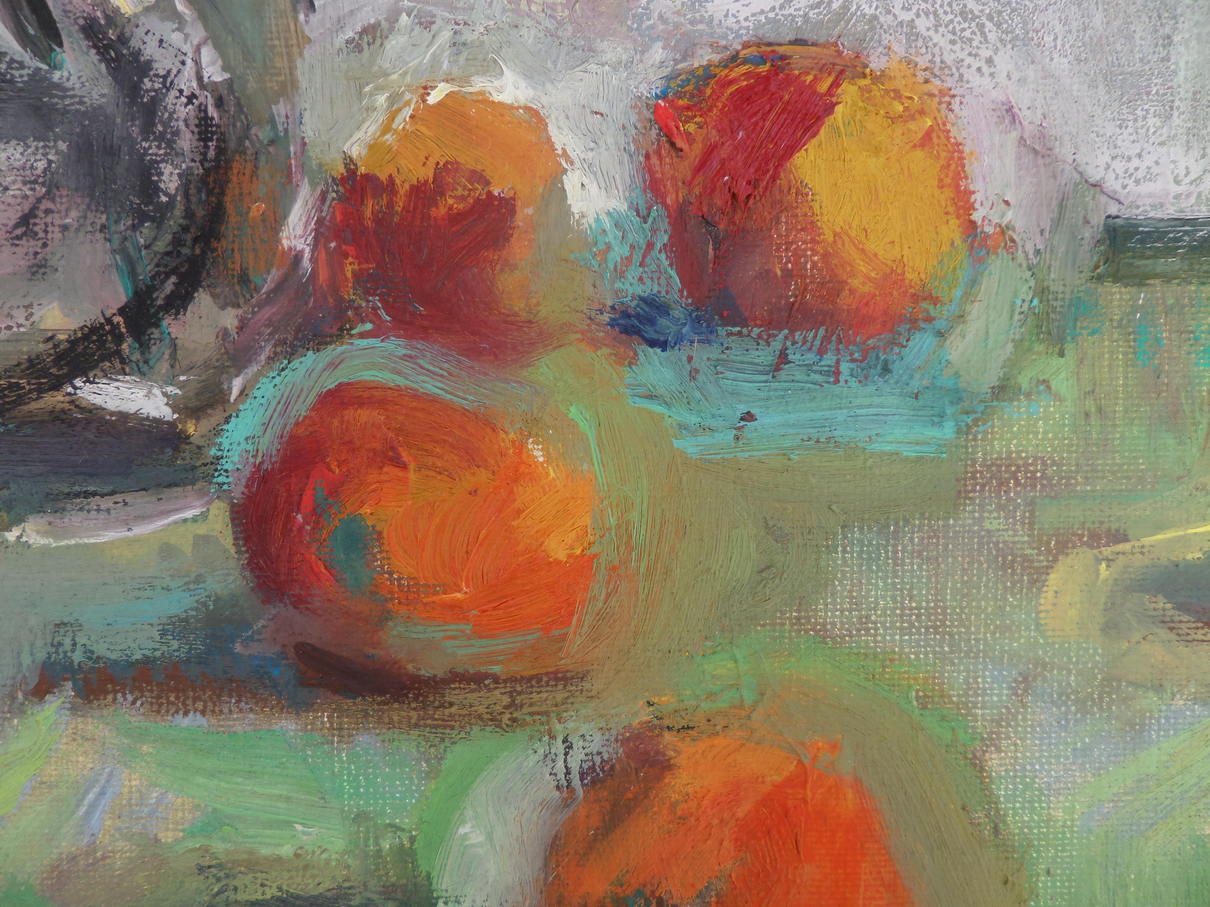 Blumen und Früchte - Stillleben Ölgemälde Grün Rot Weiß Gelb Braun Orange (Impressionismus), Painting, von Ivan Roussev