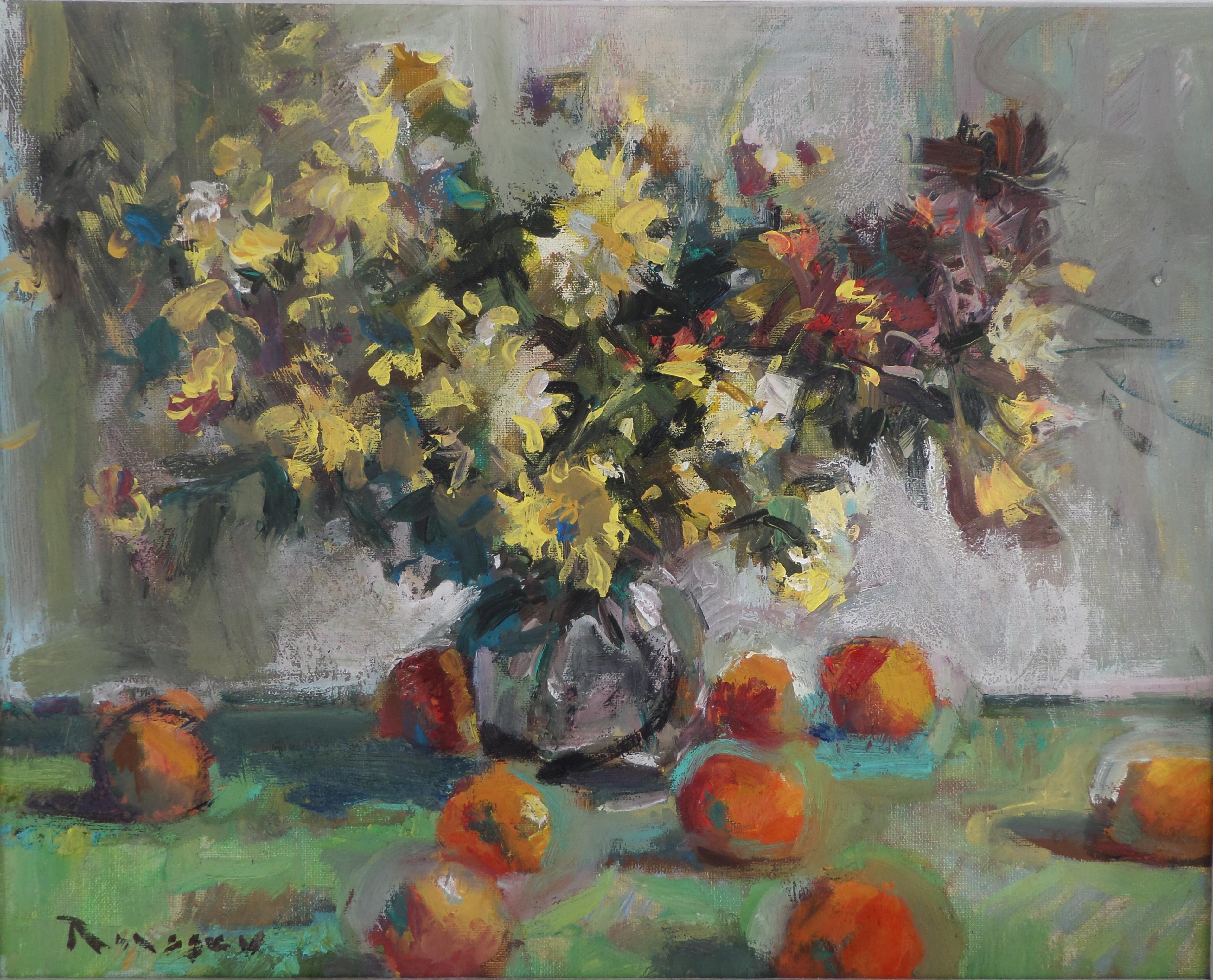 Ivan Roussev Landscape Painting – Blumen und Früchte - Stillleben Ölgemälde Grün Rot Weiß Gelb Braun Orange